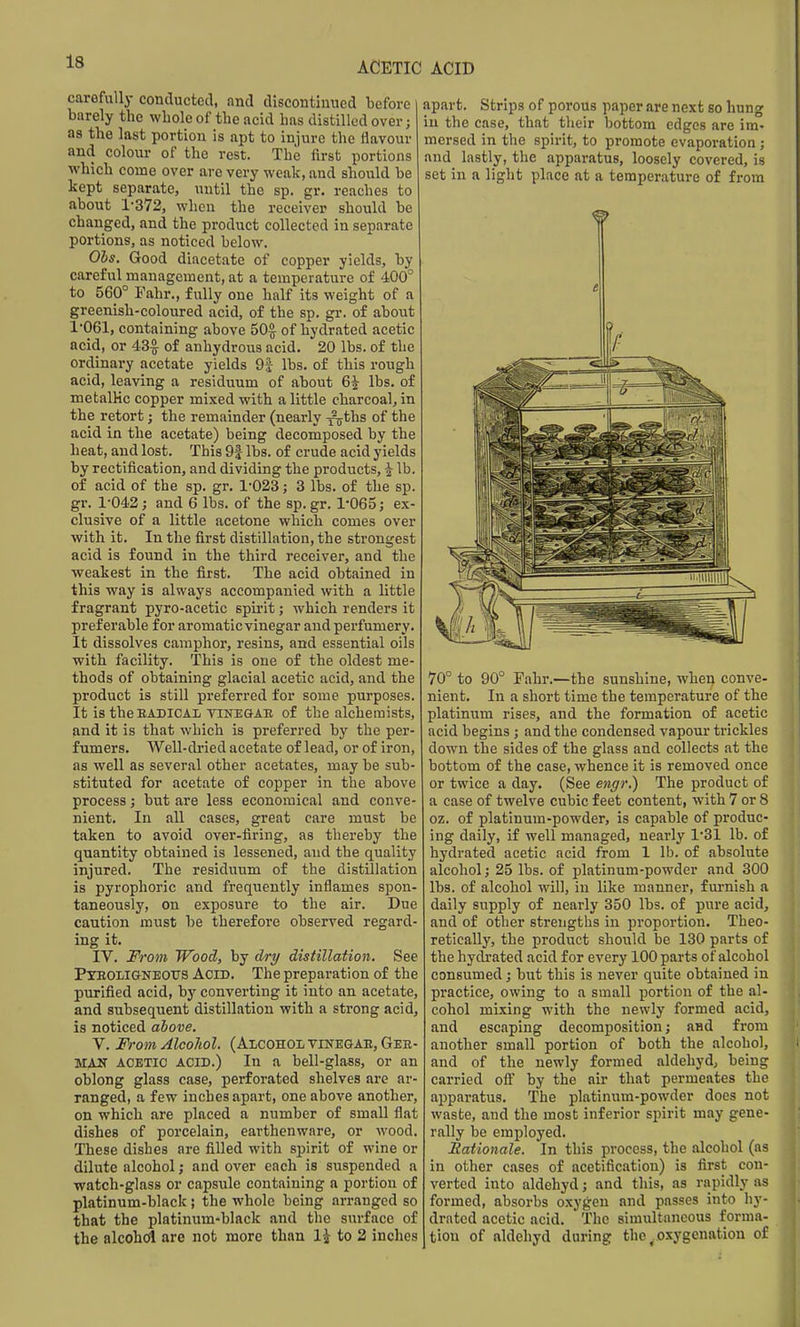 carefiiUj- conducted, nnd discontinued before barely the wbole of the acid has distilled over; as the last portion is apt to injure the flavour and coloui- of the rest. The first portions which come over are very weak, and should be kept separate, until the sp. gr. reaches to about 1372, when the receiver should be changed, and the product collected in separate portions, as noticed below. Obs, Good diacetate of copper yields, by careful management, at a temperature of 400° to 560° Fahr., fully one half its weight of a greenish-coloured acid, of the sp. gr. of about 1061, containing above 50^ of hydrated acetic acid, or 43-^ of anhydrous acid, 20 lbs. of the ordinary acetate yields 9s lbs. of this rough acid, leaving a residuum of about 6^ lbs. of metalKc copper mixed with a little charcoal, in the retort; the remainder (nearly xijths of the acid in the acetate) being decomposed by the heat, and lost. This 9| lbs. of crude acid yields by rectification, and dividing the products, i lb. of acid of the sp. gr. 1-023; 3 lbs. of the sp. gr. 1-042; and 6 lbs. of the sp. gr. 1-065; ex- clusive of a little acetone which comes over with it. In the first distillation, the strongest acid is found in the third receiver, and the weakest in the first. The acid obtained in this way is always accompanied with a little fragrant pyro-acetic spii-it; which renders it preferable for aromaticvinegar and perfumery. It dissolves camphor, resins, and essential oils with facility. This is one of the oldest me- thods of obtaining glacial acetic acid, and the product is still preferred for some purposes. It is the EADICAL viNEQAB of the alchemists, and it is that which is preferred by the per- fumers. Well-dried acetate of lead, or of iron, as well as several other acetates, may be sub- stituted for acetate of copper in the above process; but are less economical and conve- nient. In all cases, great care must be taken to avoid over-firing, as thereby the quantity obtained is lessened, and the quality injured. The residuum of the distillation is pyrophoric and frequently inflames spon- taneously, on exposure to the air. Due caution must be therefore observed regard- ing it. IV. From Wood, by dry distillation. See PXEOLIGNEOTJS AciD. The preparation of the purified acid, by converting it into an acetate, and subsequent distillation with a sti'ong acid, is noticed above. V. From Alcohol. (Alcohol tinegae, Ger- man ACETIC ACID.) In a bell-glass, or an oblong glass case, perforated shelves are ar- ranged, a few inches apart, one above another, on which are placed a number of small flat dishes of porcelain, earthenware, or wood. These dishes are filled with spirit of wine or dilute alcohol; and over each is suspended a watch-glass or capsule containing a portion of platinum-black ; the whole being arranged so that the platinum-black and the surface of the alcohd are not more than li to 3 inches apart. Strips of porous paper are next so hung in the case, that tlieir bottom edges are im- mersed in the spirit, to promote evaporation; and lastly, the apparatus, loosely covered, is set in a light place at a temperature of from 70° to 90° Fahr.—the sunshine, when conve- nient. In a short time the temperature of the platinum rises, and the formation of acetic acid begins; and the condensed vapour trickles down the sides of the glass and collects at the bottom of the case, whence it is removed once or twice a day. (See engr.) The product of a case of twelve cubic feet content, with 7 or 8 oz. of platinum-powder, is capable of produc- ing daily, if well managed, nearly 1-31 lb. of hydrated acetic acid from 1 lb. of absolute alcohol; 25 lbs. of platinum-powder and 300 lbs. of alcohol will, in like manner, furnish a daily supply of nearly 350 lbs. of pure acid, and of other strengths in proportion. Theo- retically, the product should be 130 parts of the hydrated acid for every 100 parts of alcohol consumed; but this is never quite obtained in practice, owing to a small portion of the al- cohol mixing with the newly formed acid, and escaping decomposition; asd from another small portion of both the alcohol, and of the newly formed aldehyd, being carried off by the air that permeates the apparatus. The platinum-powder does not waste, and the most inferior spirit may gene- rally be employed. Rationale. In this process, the alcohol (as in other cases of acetificatiou) is first con- verted into aldehyd; and this, as rapidly as formed, absoi-bs oxygen and passes into hy- drated acetic acid. The simultaneous forma- tion of aldehyd during the ^ oxygenation of