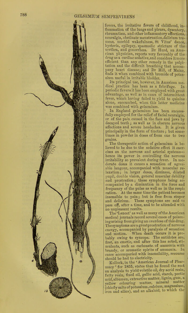 fevers, the irritative fevers of childhood, in- flammation of the lungs and pleura, dysentery, I'heumatism, and other inflammatory affections, neuralgia, obstinate menstruation,delirium tre- mens, morbid wakefulness, St Vitus' dance, hysteria, epilepsy, spasmodic stricture of the urethra, and gonorrhoea. Dr Hurd, an Ame- rican physician, reports very favorably of the drug as a cardiac sedative,and considers it more efiicient than any other remedy in the palpi- tation and the difficult breathing that accom- pany heart disease; and Dr Hill, of Maine, finds it when combined with bromide of potas- sium useful in irritable bladder. Its principal use, however, in American me- dical practice has been as a febrifuge. In periodic fevers it has been employed with great advantage, as well as in cases of intermittent fever, which having failed to yield to quinine alone, succumbed, when this latter medicine was combined with gelsemium. ' In England gelsemium has been success- fully employed for the relief of facial neuralgia, or of the pain caused in the face and jaws by decayed teeth ; as well as in obscure nervous afi'ections and severe headaches. It is given principally in the form of tincture j but some- times in powder in doses of fi'om one to two grains. The therapeutic action of gelsemium is be- lieved to be due to the sedative eifect it exer- cises on the nervous and arterial systems— hence its power in controlling the nervous irritability so prevalent during fever. In mo- derate doses it causes a sensation of agree- able langour, accompanied with muscular re- laxation; in larger doses, dizziness, dilated pupil, double vision, general muscular debility aud prostration; these symptoms being ac- companied by a diminution in the force and frequency of the pulse as well as in the respi- ration. At the same time the patient becomes insensible to pain; but is free from stupor and delirium. These symptoms are said to pass off, after a time, and to be attended with no unpleasant results. The 'Lancet' as well as many of the American medical journals record several cases of poison- ing arising from giving an overdose of this drug. The symptoms are a greatprostration of nervous energy, accompanied by paralysis of sensation and motion. When death occurs it is pro- bably owing to syncope. The antidotes are, first, an emetic, and after this has acted, sti- mulants, such as carbonate, of ammonia with brandy, or aromatic spirits of ammonia. In cases accomparied with insensibility, recourse should be had to electricity. Kollock, in the ' American Journal of Phar- macy ' for 1855, states that he found the root on analysis to yield volatile oil, dry acrid resin, fatty resiu, fixed oil, gallic acid, starch, pectic acid,albumen, extractive matter, lignin, gum, a yellow colouring matter, mineral matter (chiefly salts of potassium, calcium, magnesium, iron aud silica), and an alkaloid, to which the