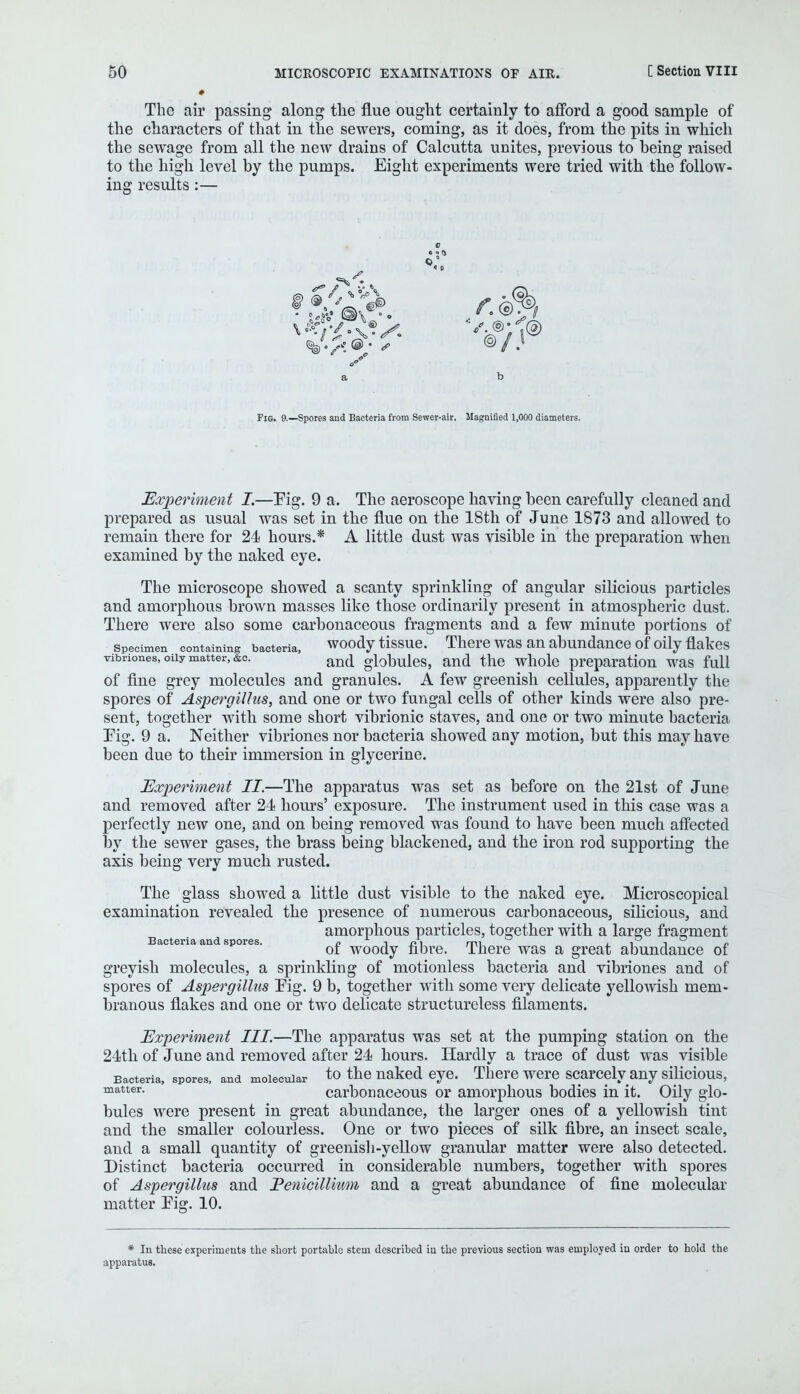 The air passing along the flue ought certainly to afford a good sample of the characters of that in the sewers, coming, as it does, from the pits in which the sewage from all the new drains of Calcutta unites, previous to heing raised to the high level by the pumps. Eight experiments were tried with the follow- ing results :— o Fig. 9.—Spores and Bacteria from Sewer-air. Magnified 1,000 diameters. Experiment I.—Pig. 9 a. The aeroscope having been carefully cleaned and prepared as usual was set in the flue on the 18th of June 1873 and allowed to remain there for 24 hours.* A little dust was visible in the preparation when examined by the naked eye. The microscope showed a scanty sprinkling of angular silicious particles and amorphous brown masses like those ordinarily present in atmospheric dust. There were also some carbonaceous fragments and a few minute portions of specimen containing bacteria, woody tissue. There was an abundance of oily flakes vibriones, oiiy matter, &c. an(} globules, and the whole preparation was full of fine grey molecules and granules. A few greenish cellules, apparently the spores of Aspergillus, and one or two fungal cells of other kinds were also pre- sent, together with some short vibrionic staves, and one or two minute bacteria Fig. 9 a. Neither vibriones nor bacteria showed any motion, but this may have been due to their immersion in glycerine. Experiment II.—The apparatus was set as before on the 21st of June and removed after 24 hours' exposure. The instrument used in this case was a perfectly new one, and on being removed was found to have been much affected by the sewer gases, the brass being blackened, and the iron rod supporting the axis being very much rusted. The glass showed a little dust visible to the naked eye. Microscopical examination revealed the presence of numerous carbonaceous, silicious, and amorphous particles, together with a large fragment Bacteria and spores. u i .ci mi j_ 1 ~i r oi woody fibre. There was a great abundance of greyish molecules, a sprinkling of motionless bacteria and vibriones and of spores of Aspergillus Pig. 9 b, together with some very delicate yellowish mem- branous flakes and one or two delicate structureless filaments. Experiment III.—The apparatus was set at the pumping station on the 24th of June and removed after 24 hours. Hardly a trace of dust was visible Bacteria, spores, and molecular to the naked eye. There were scarcely any silicious, matter- carbonaceous or amorphous bodies in it. Oily glo- bules were present in great abundance, the larger ones of a yellowish tint and the smaller colourless. One or two pieces of silk fibre, an insect scale, and a small quantity of greenish-yellow granular matter were also detected. Distinct bacteria occurred in considerable numbers, together with spores of Aspergillus and Penicillium and a great abundance of fine molecular matter Pig. 10. * In these experiments the short portable stem described in the previous section was employed in order to hold the apparatus.
