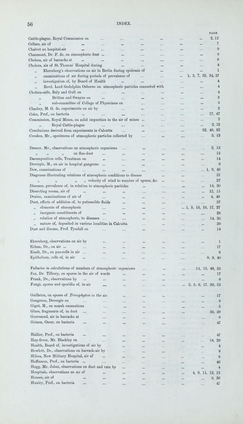 PAGE. Cattle-plague, Royal Commission on ... ... ... ... ... ... 2,12 Cellars, air of ... — ... ... .» ... — — 7 Chalvet on hospital-air ... ... ... ... ... ... ... 9 Chaumont, Dr. F. de, on atmospheric dust ... ... ... ... ... ... 8 Chelsea, air of barracks at ... ... ... ,.. ... ... ... 8 Cholera, air of St. Thomas'Hospital during ... •-. ... ... •■• 4 „ Ehrenberg's observations on air in Berlin during epidemic of ... ... ... 1 „ examinations of air during periods of prevalence of ... ... 1, 3, 7, 32, 34,37 „ investigation of, by Board of Health ... ... ... ... ... 4 „ Revd. Lord Godolphin Osborne on atmospheric particles connected with ... ... 4 Cholera-cells, Baly and Gull on ... ... ... ... ... ... 4 „ Brittan and Swayne on ... ... ... ... ... ... 3 „ sub-committee of College of Physicians on ... ... ... ... 3 Claubry, M. G. de, experiments on air by ... ... ... ... ... 2 Cohn, Prof., on bacteria ... ... ... ... ... ... ... 17, 47 Commission, Royal Mines, on solid impurities in the air of mines ... ... ... ... 2 „ Royal Cattle-plague ... ... ... ... ... ... 2, 12 Conclusions derived from experiments in Calcutta ... ... ... ... 32, 49, 52 Crookes, Mr., specimens of atmospheric particles collected by ... ... ... ... 3, 12 Dancer, Mr., observations on atmospheric organisms ... ... ... ... ... 2, 13 „ „ „ on flue-dust ... ... ... ... ... ... 13 Decomposition cells, Trautman on „. ... ... ... ... ... 14 Devergie, M., on air in hospital gangrene ... ... ... ... ... ... 8 Dew, examinations of ... ... ... ... ... ... ... 1, 9, 40 Diagrams illustrating relations of atmospheric conditions to disease ... ... ... 31 „ „ „ ., velocity of wind to number of spores, &c. ... ... ... 27 Diseases, prevalence of, in relation to atmospheric particles ... ... ... ... 14, 30 Dissecting rooms, air of ... ... ... ... ... ... ... 12, 15 Drains, examinations of air of ... ... ... ... ... ... 4, 49 Dust, effects of addition of, to putrescible fluids ... ... ... ... ... 37 „ elements of atmospheric ... ... ... ... ... 1, 5, 15, 16, 17, 27 „ inorganic constituents of ... ... ... ... ... ... 28 „ relation of atmospheric, to diseases ... ... ... ... ... ... 14, 30 „ nature of, deposited in various localities in Calcutta ... ... ... ... 39 Dust and disease, Prof. Tyndall on ... ... ... ... ... ... 14 Ehrenberg, observations on air by ... ... ... ... ... ... 1 Eidam, Dr., on air ... ... ... ... ... ... ... ... 17 Eiselt, Dr., on pus-cells in air ... ... ... ... ... ... ... 9 Epithelium, cells of, in air ... ... ... ... ... ... 8, 9, 40 Fallacies in calculations of numbers of atmospheric organisms ... ... ... 14, 15, 48, 53 Fox, Dr. Tilbury, on spores in the air of wards ... ... ... ... ... 17 Frank, Dr., observations by ... ... ... ... ... ... 8 Fungi, spores and sporidia of, in air ,„ ... ... ... ... 2, 5, 6, 17, 29, 53 Gailleton, on spores of Tricophyton in the air ... ... ... ... ... 17 Gangrene, Devergie on ... ... ... ... ... ... ... 8 Gigot, M., on marsh emanations ... ... ... ... ... ... 5 Glass, fragments of, in dust ... ... ... ... ... ... 36, 39 Gravesend, air in barracks at ... ... ... ... ... 8 Grimm, Oscar, on bacteria ... ... ... ... ... ... 47 Hallier, Prof., on bacteria ... ... ... ... ... ... ... 47 Hay-fever, Mr. Blackley on ... ... ... ... ... ... 18, 29 Health, Board of, investigations of air by ... ... ... ... ... 4 Hewlett, Dr., observations on barrack-air by ... ... ... ... 8 Hilsea, New Military Hospital, air of ... ... ... ... .. ... 8 Hoffmann, Prof., on bacteria ... ... ... ... ... ... ... 46 Hogg, Mr. Jabez, observations on dust and rain by ... ... ... ... ... 4 Hospitals, observations on air of ... ... ... ... ... 4( 9 n 12, 13 Houses, air of ... ... ... ... ... ... 9( 36 Huxley, Prof., on bacteria ... ... ... im ,,. ... ... 47