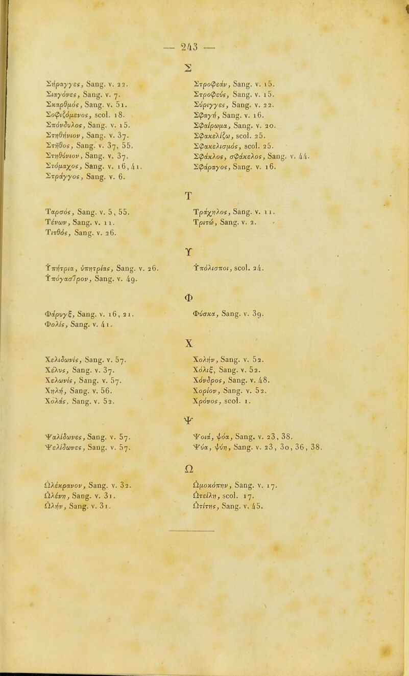 2)fpoiyyes, Sang. v. 22. yiiayàvss, Sang. v. 7. '^KtxpOfios, Sang. v. 5i. '^o(pii6ftevos, scol. 18. ^t:6vSv).os, Sang. v. i5. STjjOïjvioii, Sang. V. 87. 2tï70os, Sang. v. 87, 55. StjjOu'wov, Sang. V. 87. ^ràna^os. Sang. v. 16, /i 1 • STpayyos, Sang. v. 6. Tapffds, Sang. v. 5, 55. Téva)v, Sang. v. 11. TiTÔds, Sang. v. 26. Tmfrpia, ûirjjxp/as. Sang. v. 2G TTroj'a(77poKj Sang. v. 49. Oûfpoyl, Sang. V. 16, 21. <S>oXls, Sang. v. 41. XeXiSavls, Sang. v. 57. XéXus, Sang. v. 87. XeXoûvis, Sang. v. 57. XT)Ari, Sang. v. 56. XoAa'î, Sang. v. 52. '^aXiSùJves, Sang. v. 67. ifeXîSuvEi, Sang. v. 57. nA^xpavoi', Sang. v. 82. ÙXépTij Sang. v. 81. riArfi», Sang. v. 81. 2/i3 ~ 2 yirpoÇieciv, Sang. v. i5. Srpoipeus, Sang. v. i5. Supi^yes, Sang. v. 22. S(payr{, Sang. v. 16. Si^a/pWfia, Sang. v. 20. 2(p«xeX/^(a, scol. 2 5. '^ÇioLKsXtfffiSs, scol. 25. S^ûïxAos, a(pcineXos, Sang. v. Slpapayoî, Sang. v. 16. T Tpd^vXos, Sang. v. 11. Tpnd, Sang. v. 2. Y TTtôXtaitot, scol. 2/(. CDu'ffxa, Sang. v. 89. X XoATfr, Sang. v. Sa. XdA»|, Sang. v. 52. XàvSpoe, Sang. v. 48. Xoplov, Sang. v. 52. Xp6vos, scol. I. (Je ^otà, ij/da. Sang. v. 28, 38. ■*ua, i|/iîr), Sang. v. 28, 80, 36, 88. n i^fiOKdTTTjv, Sang. V. 17. Ù.TElXrt, scol. 17. Ût/t^s, Sang. V. 45.