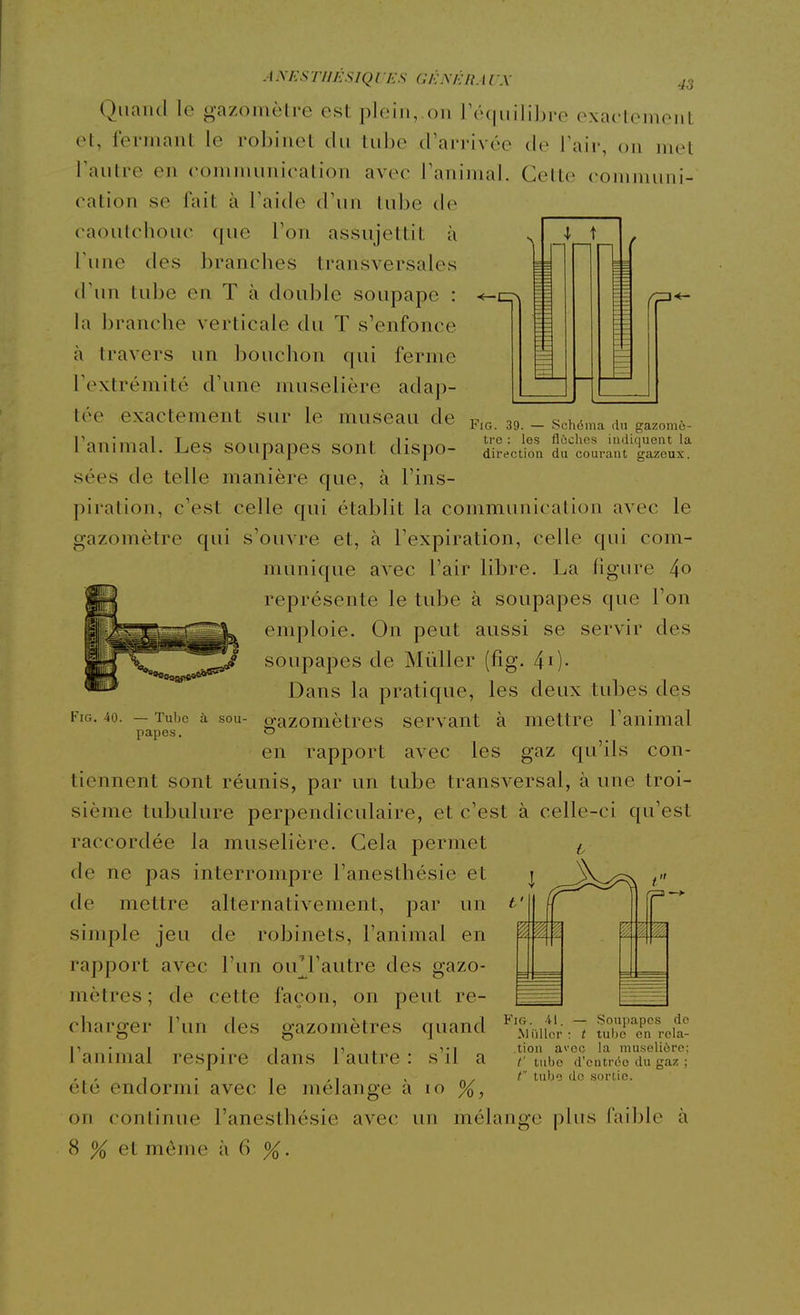 FiG. 39. — Schéma du gazomè- tre : les flèches indiquent la direction du courant gazeux. ANF.sriiÉsiqi i:s a/c.x/jnjrx Qiiaïul le gazomètre est plein, ou ré(|iiili])i'e exaetemeiit ot, lormant le robinet du lul)e (rarrivée de Tair, on met Tautre en eommunication avec Tanimal. Cette eommuni- ration se fait; à l'aide d'un tube de caoutchouc que l'on assujettit à Tune des branches transversales d'un tube en T à double soupape : la ])ranche verticale du T s'enfonce à travers un bouchon qui ferme Textrémité d'une nuiselière adap- tée exactement sur le museau de l'animal. Les soupapes sont dispo- sées de telle manière que, à l'ins- piration, c'est celle qui établit la communication avec le gazomètre qui s'ouvre et, à l'expiration, celle qui com- munique avec l'air libre. La ligure 4o représente le tube à soupapes que l'on emploie. On peut aussi se servir des soupapes de Millier (fîg. 40- Dans la pratique, les deux tubes des FiG. 40. - Tube à sou- o;azomètres servant à mettre l'animal papes. o en rapport avec les gaz qu'ils con- tiennent sont réunis, par un tube transversal, à une troi- sième tubulure perpendiculaire, et c'est à celle-ci qu'est raccordée la muselière. Cela permet ^r, de ne pas interrompre l'anesthésie et j f de mettre alternativement, par un t' ^ ^ simple jeu de robinets, l'animal en rapport avec l'un ou^l'autre des gazo- mètres ; de cette façon, on peut re- charger l'un des gazomètres quand ^^^NiimU'fu7,re^n'eiï Il • I • 1 Ht VI ,tion avec la muselière; 1 animal respire dans 1 autre : s il a r tube d'entrée du gaz ; -, . t ,1 , „. / tubo de sortie. ete endormi avec le mélange a lo %, on continue l'anesthésie avec un mélange plus faible à