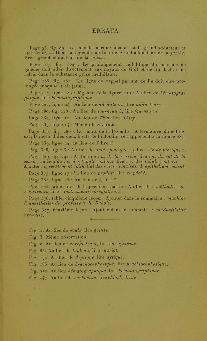 ERRATA Page 95, fig. 89 : Le muscle marqué biceps est le grand adducteur et \'ice i'Cfsâ. — Dans la légende, au lieu de grand adducteur de la jambe, lire : grand adducteur de la cuisse. Page 107, fig. 104 : Le prolongement cellulifuge du neurone de gauche doit aller directement aux noyaux de Goll et de Burdach, sans relais dans la substance grise médullaire. Page i85, fig. 181 : La ligne de rappel partant de Pn doit être pro- longée jusqu'au trait jaune. Page 217, ligne 18 et légende de la figure 210 : Au lieu de hématogra- phique, lire hémautograpkique. Page 222, ligne 24 : Au lieu de adcduteurs, lire adducteurs. Page 280, fig. 258 : Au lieu de fourneau h, lire fourneau f. Page 336, ligne 10 : Au lieu de Thizy lire Thiry. Page 337, ligne 14 : Même observation. Page 337, fig. 280 : Les mots de la légende : A fermeture du cul-de- sac, B raccord des deux bouts de l'intestin, se rapportent à la figure 281. Page 339, ligne 24, au lieu de T lire E. Page 346, ligne 3 : Au lieu de Acide picrique ig, lire : Acide picrique i. Page 35o, fig. 296 : Au lieu de : a, de la vesssie, lire : a, du col de la vessie; au lieu de : c, des tuhuli contorti, lire : e, des tubuli contorti. — Ajouter : c, revêtement épithélial des voies urinaires ; d, épithélium vésical. Page 357, ligne 17 : Au lieu de produit, lire empêché, Page 36i, ligne 10 : Au lieu de t, lire V. Page 375, table, titre de la première partie : Au lieu de : méthodes en- registreurs, lire : instruments enregistreurs. Page 376, table, cinquième leçon : Ajouter dans le sommaire : machine à anesthésier du professeur B. Dubois. Page 377, neuvième leçon : Ajouter dans le sommaire : conductibilité nerveuse. Fig. 2. Au lieu de pouls, lire poifits. Fig. 3. Même observation. Fig. 9. Au lieu de enregistrant, lire énregistreur. Fig. 85. Au lieu de tableau, lire chariot. Fig. 177. Au lieu de dyptique, lire dytique. Fig. i85. Au lieu de brachocéphalique, lire brachiocéphalique. Fig. 210. Au lieu hématographique, lire hémautograpkique. Fig. 247. Au lieu de carbonate, live chlorhydrate.