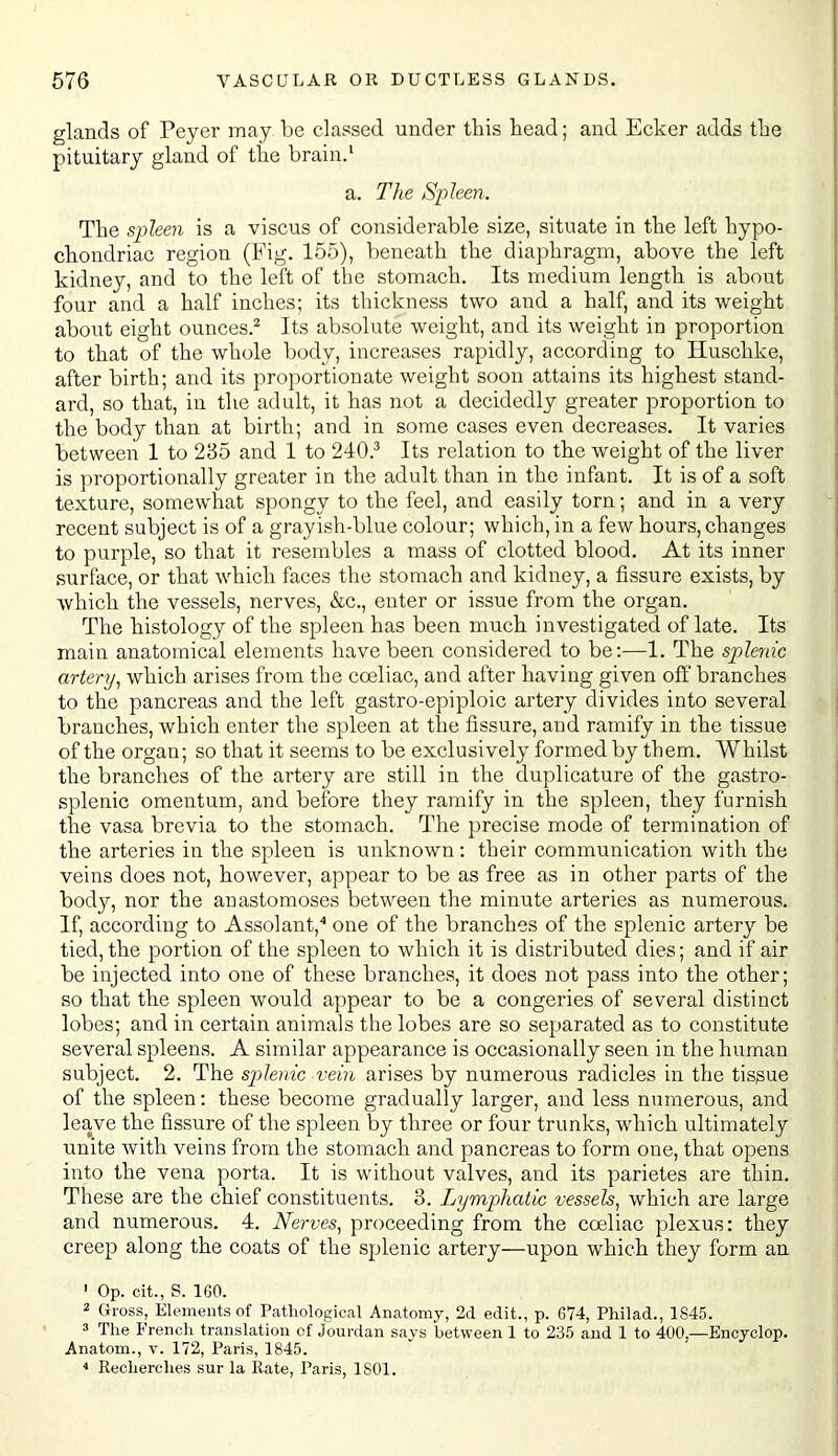 glands of Peyer may be classed under this head; and Ecker adds the pituitary gland of the brain.' a. The Spleen. The spleen is a viscus of considerable size, situate in the left hypo- chondriac region (Fig. 155), beneath the diaphragm, above the left kidney, and to the left of the stomach. Its medium length is about four and a half inches; its thickness two and a half, and its weight about eight ounces.^ Its absolute weight, and its weight in proportion to that of the whole body, increases rapidly, according to Huschke, after birth; and its proportionate weight soon attains its highest stand- ard, so that, in the adult, it has not a decidedly greater proportion to the body than at birth; and in some cases even decreases. It varies between 1 to 235 and 1 to Its relation to the weight of the liver is proportionally greater in the adult than in the infant. It is of a soft texture, somewhat spongy to the feel, and easily torn; and in a very recent subject is of a grayish-blue colour; which, in a few hours, changes to purple, so that it resembles a mass of clotted blood. At its inner surface, or that which faces the stomach and kidney, a fissure exists, by which the vessels, nerves, &c., enter or issue from the organ. The histology of the spleen has been much investigated of late. Its main anatomical elements have been considered to be:—1. The splenic artery^ which arises from the coeliac, and after having given off branches to the pancreas and the left gastro-epiploic artery divides into several branches, which enter the spleen at the fissure, and ramify in the tissue of the organ; so that it seems to be exclusively formed by them. Whilst the branches of the artery are still in the duplicature of the gastro- splenic omentum, and before they ramify in the spleen, they furnish the vasa brevia to the stomach. The precise mode of termination of the arteries in the spleen is unknown: their communication with the veins does not, however, appear to be as free as in other parts of the body, nor the anastomoses between the minute arteries as numerous. If, according to Assolant,'* one of the branches of the splenic artery be tied, the portion of the spleen to which it is distributed dies; and if air be injected into one of these branches, it does not pass into the other; so that the spleen would appear to be a congeries of several distinct lobes; and in certain animals the lobes are so separated as to constitute several spleens. A similar appearance is occasionally seen in the human subject. 2. The splenic vein arises by numerous radicles in the tissue of the spleen: these become gradually larger, and less numerous, and leave the fissure of the spleen by three or four trunks, which ultimately unite with veins from the stomach and pancreas to form one, that opens into the vena porta. It is without valves, and its parietes are thin. These are the chief constituents. 3. Lympjhatic vessels, which are large and numerous. 4. Nerves, proceeding from the coeliac plexus: they creep along the coats of the splenic artery—upon which they form an ' Op. cit., S. 160. 2 Gross, Elements of Pathological Anatomy, 2d edit., p. 674, Philad., 1845. 3 The French translation of Jourdan says between 1 to 235 and 1 to 400 —Encyclop. Anatom., v. 172, Paris, 1845. < Reclierclies sur la Rate, Paris, 1801.