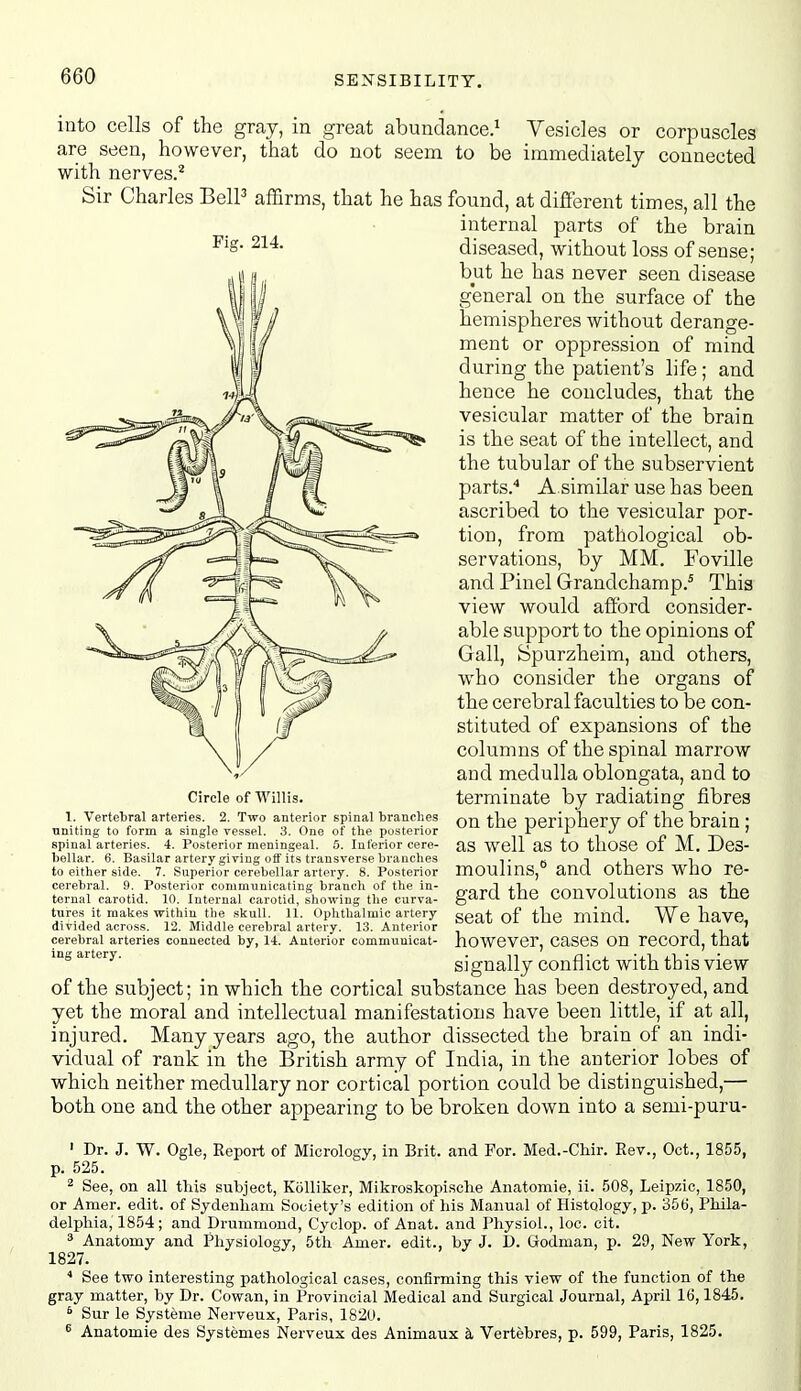 great abundance.' Vesicles or corpuscles not seem to be immediately connected into cells of the gray, in are seen, however, that do with nerves.^ Sir Charles BelP affirms, that he has found, at different times, all the internal parts of the brain ^'S- diseased, without loss of sense; but he has never seen disease general on the surface of the hemispheres without derange- ment or oppression of mind during the patient's life ; and hence he concludes, that the vesicular matter of the brain is the seat of the intellect, and the tubular of the subservient parts.'' A similar use has been ascribed to the vesicular por- tion, from pathological ob- servations, by MM. Foville and Pinel Grandchamp.^ This view would afford consider- able support to the opinions of Gall, Spurzheim, and others, who consider the organs of the cerebral faculties to be con- stituted of expansions of the columns of the spinal marrow and medulla oblongata, and to terminate by radiating fibres on the periphery of the brain; as well as to those of M. Des- moulins, and others who re- gard the convolutions as the seat of the mind. We have, however, cases on record, that signally conflict with this view of the subject; in which the cortical substance has been destroyed, and yet the moral and intellectual manifestations have been little, if at all, injured. Many years ago, the author dissected the brain of an indi- vidual of rank in the British army of India, in the anterior lobes of which neither medullary nor cortical portion could be distinguished,— both one and the other appearing to be broken down into a semi-puru- ' Dr. J. W. Ogle, Report of Micrology, in Brit, and For. Med.-Cliir. Rev., Oct., 1855, p. 525. ^ See, on all this subject, Kolliker, Mikroskopisclie Anatomie, ii. 508, Leipzic, 1850, or Amer. edit, of Sydenham Society's edition of his Manual of Histology, p. 356, Phila- delphia, 1854; and Drummond, Cyclop, of Anat. and Physiol., loo. cit. * Anatomy and Physiology, 5th Amer. edit., by J. D. Grodman, p. 29, New York, 1827. * See two interesting pathological cases, confirming this view of the function of the gray matter, by Dr. Cowan, in Provincial Medical and Surgical Journal, April 16,1845. ^ Sur le Systeme Nerveux, Paris, 1820. ^ Anatomie des Systemes Nerveux des Animaux k Vertebras, p. 599, Paris, 1825. Circle of Willis. 1. Vertebral arteries. 2. Two anterior spinal brandies uniting to form a single vessel. 3. One of the posterior spinal arteries. 4. Posterior meningeal. 5. Interior cere- bellar. 6. Basilar artery giving off its transverse branches to either side. 7. Superior cerebellar artery. 8. Posterior cerebral. 9. Posterior communicating branch of the in- ternal carotid. 10. Internal carotid, showing the curva- tures it makes withiu the skull. 11. Ophthalmic artery divided across. 12. Middle cerebral artery. 13. Anterior cerebral arteries connected by, 14. Anterior communicat- ing artery.