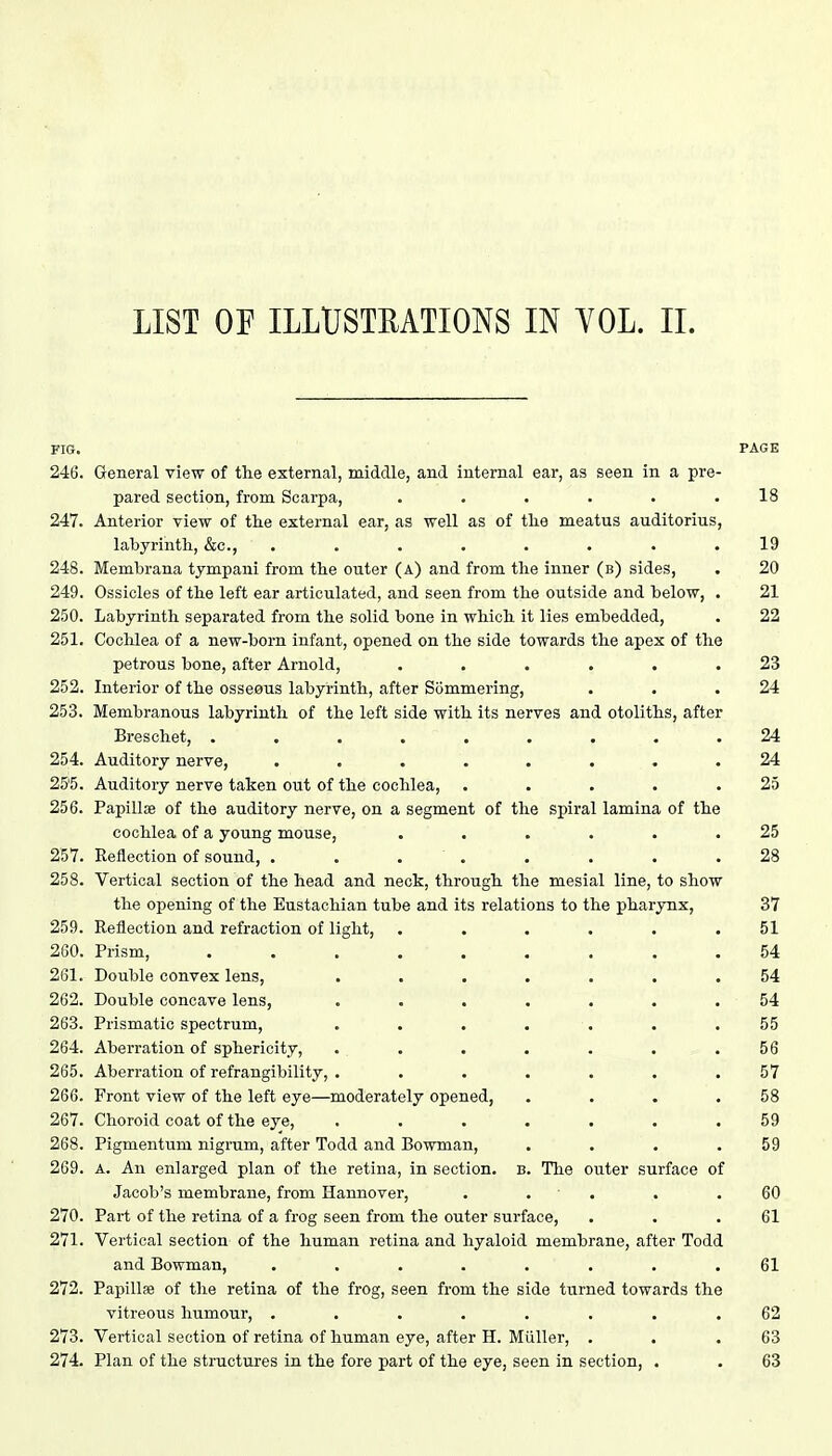 LIST OF ILLUSTRATIONS IN YOL. II. FIG. PAGE 246. General view of the external, middle, and internal ear, as seen in a pre- pared section, from Scarpa, ...... 18 247. Anterior view of the external ear, as well as of the meatus auditorius, labyrinth, &c, . . . . . . . .19 248. Membrana tympani from the outer (a) and from the inner (b) sides, . 20 249. Ossicles of the left ear articulated, and seen from the outside and below, . 21 250. Labyrinth separated from the solid bone in which it lies embedded, . 22 251. Cochlea of a new-born infant, opened on the side towards the apex of the petrous bone, after Arnold, ...... 23 252. Interior of the osseous labyrinth, after Sommering, . . .24 253. Membranous labyrinth of the left side with its nerves and otoliths, after Breschet, ......... 24 254. Auditory nerve, ........ 24 25'5. Auditory nerve taken out of the cochlea, . . . . .25 256. Papillae of the auditory nerve, on a segment of the spiral lamina of the cochlea of a young mouse, ...... 25 257. Reflection of sound, . . . . . .28 258. Vertical section of the head and neck, through the mesial line, to show the opening of the Eustachian tube and its relations to the pharynx, 37 259. Reflection and refraction of light, ...... 51 260. Prism, ......... 54 261. Double convex lens, ....... 54 262. Double concave lens, ....... 54 263. Prismatic spectrum, ....... 55 264. Aberration of sphericity, . . . . . . .56 265. Aberration of refrangibility, . ...... 57 266. Front view of the left eye—moderately opened, . . . .58 267. Choroid coat of the eye, . . . . . . .59 268. Pigmentum nigrum, after Todd and Bowman, . . . .59 269. A. An enlarged plan of the retina, in section, b. The outer surface of Jacob's membrane, from Hannover, . . . .60 270. Part of the retina of a frog seen from the outer surface, . . .61 271. Vertical section of the human retina and hyaloid membrane, after Todd and Bowman, ........ 61 272. Papillae of the retina of the frog, seen from the side turned towards the vitreous humour, ........ 62 273. Vertical section of retina of human eye, after H. Miiller, . . .63 274. Plan of the structures in the fore part of the eye, seen in section, . . 63