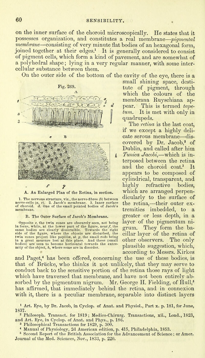 3 on the inner surface of the choroid microscopically. He states that it possesses organization, and constitutes a real membrane—pigmentaI membrane—consisting of very minute flat bodies of an hexagonal form, joined together at their edges.1 It is generally considered to consist of pigment cells, which form a kind of pavement, and are somewhat of a polyhedral shape; lying in a very regular manner, with some inter- cellular substance between them. Ou the outer side of the bottom of the cavity of the eye, there is a small shining space, desti- FlS-269> tute of pigment, through which the colours of the membrana Kuyschiana ap- pear. This is termed tape- turn. It is met with only in quadrupeds. The retina is the last coat, if we except a highly deli- cate serous membrane—dis- covered by Dr. Jacob,3 of Dublin, and called after him Tunica Jacobi,—which is in- terposed between the retina and the choroid coat.3 It appears to be composed of cylindrical, transparent, and highly refractive bodies, which are arranged perpen- dicularly to the surface of the retina,—their outer ex- tremities imbedded, to a greater or less depth, in a layer of the pigmentum ni- grum. They form the ba- cillar layer of the retina of other observers. The only plausible suggestion, which, according to Messrs. Kirkes and Paget,4 has been offered, concerning the use of these bodies, is that of Briicke, who thinks it not unlikely, that they may serve to conduct back to the sensitive portion of the retina those rays of light which have traversed that membrane, and have not been entirely ab- sorbed by the pigmentum nigrum. Mr. George H. Fielding, of Hull,5 has affirmed, that immediately behind the retina, and in connexion with it, there is a peculiar membrane, separable into distinct layers 1 Art. Eye, by Dr. Jacob, in Cyclop, of Anat. and Physiol., Part x. p. 181, for June, 1837. 2 Philosoph. Transact, for 1819; Medico-Chirurg. Transactions, xii., Lond., 1823, and Art. Eye, in Cyclop, of Anat. and Phys., p. 186. 3 Philosophical Transactions for 1829, p. 300. 4 Manual of Physiology, 2d American edition, p. 415, Philadelphia, 1853. 5 Second Report of the British Association for the Advancement of Science; or Amer. Journal of the Med. Sciences, Nov., 1833, p. 220. A. An Enlarged Plan of the Retina, in section. 1. The nervous structure, viz., the nerve-fibres (6) between nerve-cells (a, c). 2. Jacob's membrane. 3. Inner surface of choroid, d. One of the small pointed bodies of Jacob's membrane. B. The Outer Surface of Jacob's Membrane. Opposite e, the twin cones are obscurely seen, not being in focus, while, at the lower part of the figure, near/, the same bodies are clearly discernible. Towards the right side of the figure, where the objects are disturbed, the twin cones project like papilla, at g, the small rods being in a great measure lost at this place. And these (small bodies) are seen to become horizontal towards the extre- mity of the object, h, where some are in disorder.