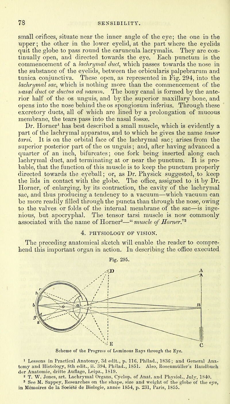 small orifices, situate near the inner angle of the eye; the one in the upper; the other in the lower eyelid, at the part where the eyelids quit the globe to pass round the caruncula lacrymalis. They are con- tinually open, and directed towards the eye. Each punctum is the commencement of a lachrymal duct, which passes towards the nose in the substance of the eyelids, between the orbicularis palpebrarum and tunica conjunctiva. These open, as represented in Fig. 294, into the lachrymal sac, which is nothing more than the commencement of the nasal duct or ductus ad nasum. The bony canal is formed by the ante- rior half of the os unguis, and by the superior maxillary bone, and opens into the nose behind theos spongiosum inferius. Through these excretory ducts, all of which are lined by a prolongation of mucous membrane, the tears pass into the nasal fossae. Dr. Horner1 has best described a small muscle, which is evidently a part of the lachrymal apparatus, and to which he gives the name tensor tarsi. It is on the orbital face of the lachrymal sac; arises from the superior posterior part of the os unguis; and, after having advanced a quarter of an inch, bifurcates; one fork being inserted along each lachrymal duct, and terminating at or near the punctum. It is pro- bable, that the function of this muscle is to keep the punctum properly directed towards the eyeball; or, as Dr. Physick suggested, to keep the lids in contact with the globe. The office, assigned to it by Dr. Horner, of enlarging, by its contraction, the cavity of the lachrymal sac, and thus producing a tendency to a vacuum—which vacuum can be more readily filled through the puncta than through the nose, owing to the valves or folds of the internal membrane of the sac—is inge- nious, but apocryphal. The tensor tarsi muscle is now commonly associated with the name of Horner2— muscle of Horner,,3 4. PHYSIOLOGY OF VISION. The preceding anatomical sketch will enable the reader to compre- hend this important organ in action. In describing the office executed Fig. 295. Scheme of the Progress of Luminous Rays through the Eye. 1 Lessons in Practical Anatomy, 3d edit., p. 116, Philad., 1836 ; and General Ana- tomy and Histology, 8th edit., ii. 394, Philad., 1851. Also, Rosenmullers llandbuch der Anatomie, dritte Aufiage, Leipz., 1819. 2 T. W. Jones, art. Lachrymal Organs, Cyclop, of Anat. and Physiol., July, 1840. 3 See M. Sappey, Researches on the shape, size and weight of the globe of the eye, in Memoires de la Soeiete de Biologie, annee 1854, p. 231, Paris, 1855.