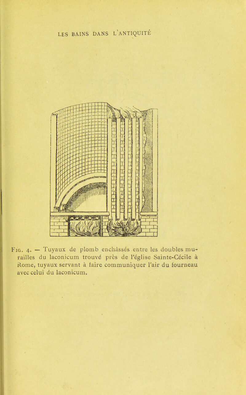 FiG. 4. — Tuyaux de plomb enchâssés entre les doubles mu- railles du laconicum trouvé près de l'église Sainte-Cécile à Rome, tuyaux servant à faire communiquer l'air du fourneau avec celui du laconicum.