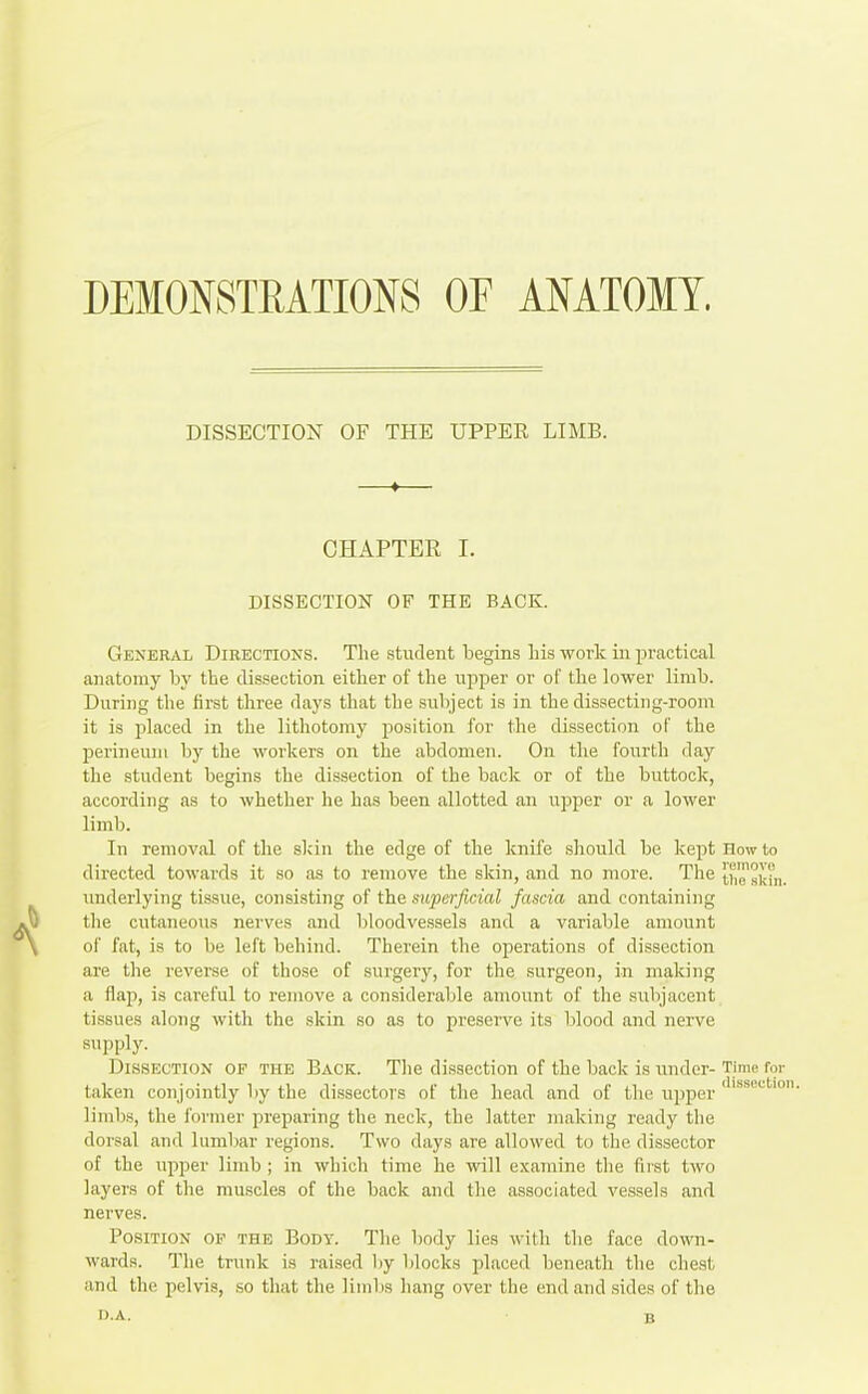 DEMONSTRATIONS OF ANATOMY. DISSECTION OF THE UPPER LIMB. CHAPTER I. DISSECTION OF THE BACK. General Directions. The student begins his work in jsractical anatomy by the dissection either of the upper or of the lower limb. During the first three days that the subject is in the dissecting-room it is placed in the lithotomy position for the dissection of the jserineuiu by the workers on the abdomen. On the fourth day the student begins the dissection of the back or of the buttock, according as to whether he has been allotted an upper or a lower limb. In removal of the skin the edge of the knife should be kept How to directed towards it so as to remove the skin, and no more. The skin, imderlying tissue, consisting of the superficial fascia and containing the cutaneous nerves and bloodvessels and a variable amount of fat, is to be left behind. Therein the operations of dissection are the reverse of those of surgery, for the surgeon, in making a flap, is careful to remove a considerable amount of the subjacent tissues along with the skin so as to preserve its blood and nerve supply. Dissection of the Back. The dissection of the back is under- Time for taken conjointly by the dissectors of the head and of the upper ' limbs, the former preparing the neck, the latter making ready the dorsal and lumbar regions. Two days are allowed to the dissector of the upper limb ; in which time he will examine the fust two layers of the muscles of the back and the associated vessels and nerves. Position of the Body. The body lies with the face down- wards. The tmnk is raised by blocks placed beneath the cheat and the pelvis, so that the limljs hang over the end and sides of the O.A. B