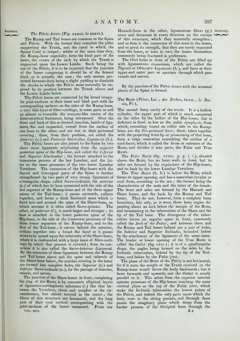 The Pelvic Joints (Fig. xxxiii. to xxxvr.). The Rump and Tail bones are common to the Spine and Pelvis. With the former they complete the pillar supporting the Trunk, and the canal in which the Spinal Cord is lodged; whilst at the same time they, the Rump-bone especially, form the hind part of the latter, the crown of the arch by which the Trunk is supported upon the Lower Limbs. Such being the use of the Pelvis, it is to be expected that the junction of the bones composing it should be of the firmest kind, as is actually the case; the only motion per- mitted between them being a slight yielding to diminish the shocks to which the Pelvis must naturally be ex- posed by its position between the Trunk above and the Lower Limbs below. The Pelvic bones are connected by the broad irregu- lar joint-surfaces at their inner and hind part with the corresponding surfaces on the sides of the Rump-bone, a very thin layer of fibro-cartilage, in some parts so soft as almost to resemble the mucous-like centre of the Intervertebral Substance, being interposed. Over the front and back of this so-formed junction, bands of liga- ment, flat and expanded, extend from the surface of one bone to the other, and are lost in their periosteal covering; these, from their position, are called the Anterior (c.) and Posterior Sacro-iliac Ligaments (b.). The Pelvic bones are also joined to the Spine by two short stout ligaments originating from the superior posterior spine of the Hip-bone, and called the Inferior and Superior Ilio-lumbar ; the former attached to the transverse process of the last Lumbar, and the lat- ter to the same processes of the two lower Lumbar Vertebres. The connexion of the Hip-bones with the Sacral and Coccygeal parts of the Spine is further strengthened by two pairs of very strong ligaments of a triangular shape, called Sacro-ischiadic, the anterior (e.) of which has its base connected with the side of the last segment of the Rump-bone and of the three upper pieces of the Tail-bone; it passes outwards, collects together, and forms a thick flatttened mass which is fixed into and around the spine of the Share-bone, on which account it is often called Sacro-spinous. The other, or posterior (f.), is much larger and stronger ; its base is attached to the lower posterior spine of the Hip-bone, to the side of the transverse processes of the three lower segments of the Rump-bone, and to the first of the Tail-bone ; it curves behind the anterior, collects together into a broad flat band as it passes down to be spread upon the tuberosity of the Share-bone, where it is confounded with a large mass of fibro-carti- lage by which that process is covered ; from its con- nexion it is also called the Sacro-tuberose Ligament. By the extension of these ligaments between the Rump and Tail bones above and the spine and tubercle of the Share-bone below, the notches existing in the latter are formed into complete holes, the Superior (p.) and Inferior Sacro-ischiadic (o.), for the passage of muscles, vessels, and nerves. The junction of the Share-bones in front, completing the ring of the Basin, is by concentric elliptical layers of ligamento-cartilaginous substance (i.) like that be- tween the Vertebres, closer and tougher at the cir- cumference, but almost mucoid in the centre; the fibres of this structure are horizontal, and the long axis of their oval vertical corresponding with the joint-surfaces of the bones connected. From one vol.. VIM. Haunch-bone to the other, ligamentous fibres (g.) Anatomy, cross and decussate in every direction on the surtace v-~v~— of this structure, which they materially strengthen; and so firm is the connexion of this mass to the bones, and so great its strength, that they are rarely separated from the bones, or torn in two, the bones themselves commonly being fractured in preference. The Oval holes in front of the Pelvis are filled up with ligamentous expansions, which are called the Thyroid or Obturator Ligaments (h.), and have at their upper and outer part an aperture through which pass vessels and nerves. By the junction of the Pelvic-bones with the terminal pieces of the Spine is formed The Basin (Pelvis, Lat.; das Becken, Germ.; le Bas sin, Fr.), The second bony cavity of the trunk. It is a hollow cylinder, the upper part of which is much outspread on the sides by the bellies of the Hip-bones, but is deficient in front as low as the pubic symphysis, from which, extending round on either side to the Rump- bone, are the Ilio-pectineal lines; these, taken together with the projecting front lip or promontory of that bone, form a ridge somewhat resembling the outline of a card-heart, which is called the Brim or entrance of the Basin, and divides it into parts, the False and True Basin. The False Bann (fig. xxvm. g. g. i. i.), situated above the Brim, has no bony walls in front, but its sides are formed by the expansions of the Hip-bones, and its back by the lower Lumbar Vertebres. The True Basin (h. h.) is below the Brim, which forms its upper opening, and has a somewhat circular or oval form, according to the sex ; the former being the characteristic of the male and the latter of the female. The front and sides are formed by the Haunch and Share bones, and the back by the Rump and Tail bones. They do not, however, form a complete bony boundary, but only, as it were, three bony angles de- pending about an inch below the margin of the Brim, and terminating in the tuberosities of the Share and the tip of the Tail bone. The divergence of the tuber- osities leaves an angular space in front, commonly called the Arch of the Pubes; and between them and the Rump and Tail bones behind are a pair of holes, the Inferior and Superior Ischiadic, bounded below by the attachment of the ligaments of the same name. The hinder or lower opening of the True Basin is called the Outlet (fig. xxxi.) ; it is of a quadrangular shape, the angles being formed on the sides by the Ischiatic tuberosities, behind by the tip of the Tail- bone, and before by the Pubic joint. The plane of the Brim of the Pelvis is not horizontal, for if it were the weight of the Trunk received on the Rump-bone would throw the body backwards; but it faces forwards and upwards, and the Outlet is nearly parallel to it. This arises from the superior anterior spinous processes of the Hip-bones touching the same vertical plane as the top of the Pubic joint, which make the Ischiatic tuberosities the lowest points of the Pelvis, and indeed the only parts upon which the body rests in the sitting posture, and through them passes the imaginary plane which drops from the basilar process of the Occipital bone through the 3 F