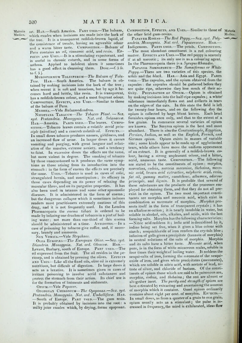 Materia Sas. Hab.—South America. Part used.—The balsam, Medici. which exudes when incisions are made into the bark of ^—TV—J the tree. It is a transparent reddish-brown liquid, of the consistence of treacle, having an agreeable odour and a warm bitter taste. Composition.—Balsam of Pern contains an oil, cinnamic acid, and resin. Ef- fects and Uses.—It is a stimulating expectorant, and is useful in chronic catarrh, and in some forms of asthma. Applied lo indolent ulcers it sometimes has a good effect in cleansing them. Dose.—f. 3 fs. to f. 3 j. Myrospermum Toluiferum—The Balsam of Tola- Tree. Hab.—South America. The balsam is ob- tained by making incisions into the bark of the tree ; when recent it is soft and tenacious, but by age it be- comes hard and brittle, like resin. It is transparent, has a reddish-brown colour, and a most fragrant odour. Composition, Effects, and Uses.—Similar to those of the balsam of Peru. Myrrha.—Vide Balsamodendron. Nicotiana Tabacum—The Tobacco Plant. — Sex. syst. Pentandria. Monogynia. Nat. ord. Solanacece. Hab.—America. Parts used.—The leaves. Compo- sition.—Tobacco leaves contain a volatile acrid prin- ciple (nicotina) and a concrete volatile oil. Effects.— In small doses tobacco produces nausea, giddiness, and an increased flow of urine. In larger doses it causes vomiting and purging, with great languor and relax- ation of the muscles, extreme anxiety, and a tendency to faint. In excessive doses the effects are the same, but more violent in degree. The smoking of tobacco by those unaccustomed to it produces the same symp- toms as those arising from its introduction into the stomach : in the form of enema the effects are precisely the same. Uses.—Tobacco is used in cases of colic, strangulated hernia, and constipation ; its efficacy in those cases depending on its power of relaxing the muscular fibres, and on its purgative properties. It has also been used in tetanus and some other spasmodic diseases. It is administered in the form of enema; but the dangerous collapse which it sometimes induces renders most practitioners extremely cautious of this drug, and it is not frequently used. In the London Pharmacopoeia the enema tabaci is ordered to be made by infusing one drachm of tobacco in a pint of boil- ing water; not more tban one-third of this enema should be administered at a time. Antidotes.-—In a case of poisoning by tobacco give coffee, and, if neces- sary, brandy and ammonia. Nux Vomica.—Vide Strychnos. Olea Europ/EA—The European Olive. —Sex. syst. Diandria. Monogynia. Nat. ord. Oleacece. Hab.— Levant, Barbary, south of Europe. Part used.—The oil expressed from the fruit. The oil resides in the pe- ricarp, and is obtained by pressing the olives. Effects and Uses.—Like all the fixed oils, olive oil is extremely nutritious, but difficult of digestion. In large doses it acts us a laxative. It is sometimes given in cases of irritant poisoning to involve acrid substances and protect the stomach from their action. Its chief use is ibr the formation of liniments and ointments. Opium.—Vide Papaver. Ofoponax Chironium—The Opoponax.—Sex. syst. Pentandria. Monogynia. Nat. ord. Umbelliferce. Hab. —South of Europe. Part used.—The gum resin. It is probably obtained by incisions into the root: a milky juice exudes which, by drying, forms opoponax. Composition, Effects, and Uses.—Similar to (hose of Papaver Rhozas—The Red Poppy.— Sex. syst. Poly- andria. Monogynia. Nat. ord. Papaxeracere. Hab.— Indigenous. Parts used.—The petals. Composition. —The most abundant constituent is a red colouring matter. Effects and Uses.—The red poppy is scarcely if at all narcotic ; its only use is as a colouring agent. In the Pharmacopoeia there is a Syrupus Rhoeados. Papaver Somniferum—The Somniferous or White Poppy.—There are two varieties of this species, the ivhite and the black. Hab.—Asia and Egypt. Parts used.—The capsules, and the opium obtained from the capsules : the capsules should be gathered before they are quite ripe, otherwise they lose much of their ac- tivity. Preparation of Opium.—Opium is obtained by making incisions into the half-ripe capsules ; a white' substance immediately flows out and collects in tears on the edges of the cuts. In this state the field is left for twenty-four hours, and on the following day the opium is collected by large blunt knives. Each head furnishes opium once only, and that to the extent of a few grains. In commerce several varieties of opium are known. The Smyrna opium is the best and most abundant. There is also the Coristantinople, Egyptian, Persian, Indian, as well as the English, French, and German opium. Opium exists in masses of variable size ; some kinds appear to be made up of agglutinated tears, while others have more the uniform appearance of an extract. It is generally of a reddish-brown co- lour, having a strong unpleasant odour, and a bitter, acrid, nauseous taste. Composition.—The following are stated to be the constituents of opium : morphia, narcotina, codeia, narceia meconine, thebaina, meco- vic acid, bruwn acid extractive, sulptutric acid, resin, fat oil, gummy matter, caoutchouc, albumen, odorous principle, and lignin. It is probable that several of these substances are the products of the processes em- ployed for obtaining them, and that they do not all pre- exist in the opium. The two most important consti- tuents are morphia and meconic acid, which exist in combination as meconate of morphia. Morphia pre- sents itself in the form of transparent crystals ; it has an alkaline re-action ; it is nearly insoluble in water, but soluble in alcohol, oils, alkalies, and acids, with the last forming salts. Morphia has the following characteristics: —Nitric acid reddens it; iodic acid is deoxidized by it, iodine being set free, when it gives a blue colour with starch ; sesquichloride of iron renders the cry^als blue ; infusion of galls gives a precipitate (tannate of morphia) in neutral solutions of the salts of morphia. Morphia and its salts have a bitter taste. Meconic. acid, when pure, is in the form of white micaceous scales, soluble in four times their weight of boiling water. It reddens the sesqui-salts of iron, forming the meconate of the sesqui- oxide of iron, and gives white precipitates (meconates), which are soluble in nitric acid, with acetate of lead, ni- trate of silver, and chloride of barium. Of the consti- tuents of opium those which are said to be poisonous are, morphia, codeia, and thebaina; the rest are almost or altogether inert. The purity and strength of opium are best e.-timated by extracting and ascertaining the amount of morphia which it contains. Good opium ordinarily contains about eight per cent, of morphia. Ef;'ECts.—- In small doses, as from a quarter of a grain to one grain, opium usually acts as a stimulant; the pulse is in- creased in frequency, the mind is exhilarated, ideas flow Materia