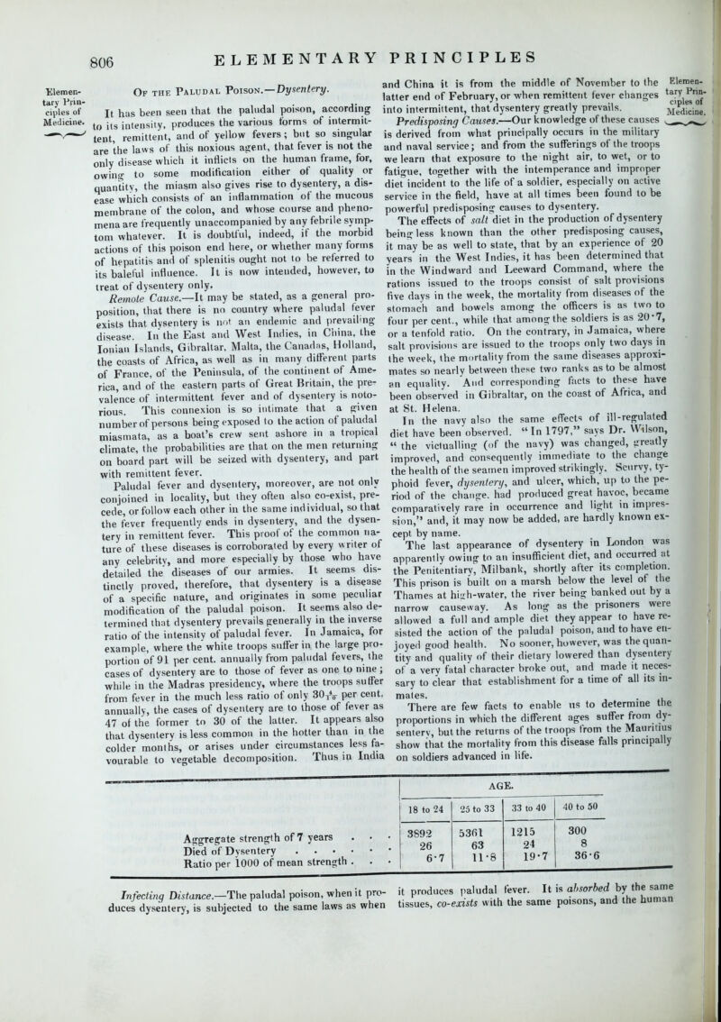 Elemen- tary Prin- ciples of Medicine. Of the Paludal Poison.—Dysentery. It has been seen that the paludal poison, according to its intensity, produces the various forms of intermit- tent, remittent, and of yellow fevers; but so singular are the laws of this noxious agent, that fever is not the only disease which it inflicts on the human frame, for, owing to some modification either of quality or quantitv, the miasm also gives rise to dysentery, a dis- ease which consists of an inflammation of the mucous membrane of the colon, and whose course and pheno- mena are frequently unaccompanied by any febrile symp- tom whatever. It is doubtful, indeed, if the morbid actions of this poison end here, or whether many forms of hepatitis and of splenitis ought not to be referred to its baleful influence. It is now intended, however, to treat of dysentery only. Remote Cause.—It may be stated, as a general pro- position, that there is no country where paludal fever exists that dysentery is not an endemic and prevailing disease. In the East and West Indies, in China, the Ionian Islands, Gibraltar, Malta, the Canadas, Holland, the coasts of Africa, as well as in many different parts of France, of the Peninsula, of the continent of Ame- rica, and of the eastern parts of Great Britain, the pre- valence of intermittent fever and of dysentery is noto- rious. This connexion is so intimate that a given number of persons being exposed to the action of paludal miasmata, as a boat's crew sent ashore in a tropical climate, the probabilities are that on the men returning on board part will be seized with dysentery, and part with remittent fever. Paludal fever and dysentery, moreover, are not only conjoined in locality, but they often also co-exist, pre- cede, or follow each other in the same individual, so that the fever frequently ends in dysentery, and the dysen- tery in remittent fever. This proof of the common na- ture of these diseases is corroborated by every writer of any celebrity, and more especially by those who have detailed the diseases of our armies. It seems dis- tinctly proved, therefore, that dysentery is a disease of a specific nature, and originates in some peculiar modification of the paludal poison. It seems also de- termined that dysentery prevails generally in the inverse ratio of the intensity of paludal fever. In Jamaica, for example, where the white troops suffer in the large pro- portion of 91 per cent, annually from paludal fevers, the cases of dysentery are to those of fever as one to nine ; while in the Madras presidency, where the troops suffer from fever in the much less ratio of only 30TV per cent, annually, the cases of dysentery are to those of fever as 47 of the former to 30 of the latter. It appears also that dysentery is less common in the hotter than in the colder months, or arises under circumstances less fa- vourable to vegetable decomposition. Thus in India and China it is from the middle of November to the latter end of February, or when remittent fever changes into intermittent, that dysentery greatly prevails. Predisposing Causes.—Our knowledge of these causes v- is derived from what principally occurs in the military and naval service; and from the sufferings of the troops we learn that exposure to the night air, to wet, or to fatigue, together with the intemperance and improper diet°incident to the life of a soldier, especially on active service in the field, have at all times been found to be powerful predisposing causes to dysentery. The effects of salt diet in the production of dysentery being less known than the other predisposing causes, it may be as well to state, that by an experience of 20 years in the West Indies, it has been determined that in the Windward and Leeward Command, where the rations issued to the troops consist of salt provisions five days in the week, the mortality from diseases of the stomach and bowels among the officers is as two to four per cent., while that among the soldiers is as 20*7, or a tenfold ratio. On the contrary, in Jamaica, where salt provisions are issued to the troops only two days in the week, the mortality from the same diseases approxi- mates so nearly between these two ranks as to be almost an equality. And corresponding facts to these have been observed in Gibraltar, on the coast of Africa, and at St. Helena. In the navy also the same effects of ill-regulated diet have been observed.  In 1797, says Dr. Wilson,  the victualling (of the navy) was changed, greatly improved, and consequently immediate to the change the health of the seamen improved strikingly. Scurvy, ty- phoid fever, dysentery, and ulcer, which, up to the pe- riod of the change, had produced great havoc, became comparatively rare in occurrence and light in impres- sion, and, it may now be added, are hardly known ex- cept by name. The last appearance of dysentery in London was apparently owing to an insufficient diet, and occurred at the Penitentiary, Milbank, shortly after its completion. This prison is built on a marsh below the level of the Thames at hi;;h-water, the river being banked out by a narrow causeway. As long as the prisoners were allowed a full and ample diet they appear to have re- sisted the action of the paludal poison, and to have en- joyed good health. No sooner, however, was the quan- tity and quality of their dietary lowered than dysentery of a very fatal character broke out, and made it neces- sary to clear that establishment for a time of all its in- mates. . There are few facts to enable us to determine the proportions in which the different ages suffer from dy- sentery, but the returns of the troops from the Mauritius show that the mortality from this disease falls principally on soldiers advanced in life. Elemen- tary Prin- ciples of Medicine. AGE. 18 to 24 25 to 33 33 to 40 40 to 50 Aggregate strength of 7 years . • Ratio per 1000 of mean strength . • • 3892 26 6-7 5361 63 11-8 1215 24 19-7 300 8 36-6 Infecting Distance.—The paludal poison, when it pro- duces dysentery, is subjected to the same laws as when it produces paludal fever. It is absorbed by the same tissues, co-exists with the same poisons, and the human