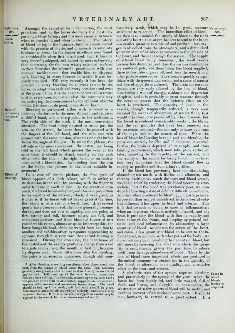 Veterinary Art. Blood- letting. Mode of performing the opera- tion. Effects of bleeding. Amongst the remedies for inflammation, the most prominent, and in the horse decidedly the most im- portant, is blood-letting; and it is most essential to know when to practise it, and when to abstain. The history of blood-letting in the human subject is almost coeval with the practice of physic, and in animals its antiquity is almost as great. In the former its effects were found so considerable when first introduced, that it became very generally adopted, and indeed far more extensively than at present, for the now widely extended materia medica furnishes the scientific practitioner with nu- merous medicaments that enable him to dispense with bleeding in many diseases in which it was for- merly practised. Till very recently it has been the practice to carry bleeding to a great extent in the horse, to adopt it on each and every occasion ; and even at the present time it is the custom of farriers to resort to it in every case, no matter what the symptoms may be, satisfying their consciences by the ignorant placatio —that if it does not do good, it can do no harm. Bleeding is performed either with a lancet or a phleme; the former is the more difficult, and requires a skilful hand, and a sharp point to the instrument. The right side of the neck is the most convenient situation. The head being elevated so as to put the vein on the stretch, the latter should be pressed with the fingers of the left hand, and the skin and vein opened with the same incision, about six or eight inches below the angle of the jaw. In using the phleme, the left side is the most convenient; the instrument being held in the left hand which presses the vein at the same time, it should be struck smartly on the back either with the side of the right hand, or an instru- ment called a blood-stick. In bleeding from the arm or the thigh, the phleme is the most suitable in- strument.* In a case of simple plethora, the first gush of blood appears of a dark colour, which is owing to its detention in the vein, by pressing with the finger in order to make it swell or rise. As the operation pro- ceeds, the blood becomes lighter, and this is in proportion to the rapidity of the current, which, if very great, as it often is, if the horse will eat hay or grass at the time, the blood is of a red or arterial hue. After several quarts have been removed, the blood generally becomes darker, and does not flow so rapidly, and the pulse, at first strong and full, becomes softer, less full, and sometimes quicker; and if the bleeding is carried to a considerable extent, almost or quite imperceptible, the horse hangs his head, shifts his weight from one foot to another, and exhibits other symptoms approaching to syncope, though it is very rare that actual fainting is produced. During the operation, the membrane of the nostril and the eyelids gradually change from a red to a pale colour; and the mouth, at first hot, becomes by degrees cool. Some little time after the bleeding, the pulse is increased in quickness, though still com- * After bleeding, a swellik,* sometimes takes place round the part, from the escape of blood under the skin. This thrombus generally disappeats, either without treatment or by means of cold applications. Inflammation of the vein, however, sometimes follows ; iheswelling, if in the neck, extends upwards, feels bard ; the passage of the vein is obliterated, suppuration occasionally appears with sinuses, and sometimes hemorrhage. The head should be tied up fur a week ; soft fond only should be given, fomentations and cold lotions employed topically, and succeeded by repeated blisters. If thtre is bleeding, a siyptic or caustic may he applied to the wound, but by no means injected into it. paratively weak, which may be in great measure Veterinary attributed to re action. The immediate effect of bleed- Art. ing then is to diminish the supply of blood to the right ^—m\~**-' side of the heart: that organ has less to send to the lungs ■—a smaller quantity is reddened and purified-—less oxy- gen is absorbed from the atmosphere, and a diminished quantity of purified blood is conveyed to the left side of the heart, and thence through the system. The supply of arterial blood being diminished, the small vessels become less distended, and thus the various membranes are rendered pale, and there being less blood supplied, there is less caloric given off, and thus the mouth and other parts become cooler. The stomach quickly sympa- thizes with the general depression, and a sense of nausea and loss of appetite is induced. The brain and nervous system are very early affected by the loss of blood, occasioning a want of energy, weakness and depression of spirits, and it is probably in great measure through the nervous system that the sedative effect on the heart is produced. The quantity of blood in the vessels, though temporarily reduced, is very soon restored by means of absorption of watery fluid, that would otherwise have passed off by other channels, but the blood is rendered considerably weaker ; the fibrine and the red globules that have been removed are by no means restored—this can only be done by means of the chyle, and in the course of time. When the loss of blood by bleeding is rapid and considerable, the pulse can scarcely be felt; and if depletion is carried further, the brain is deprived of its supply, and thus fainting is produced, which may take place earlier or later, according to the rapidity of the current, and the ability of the animal for losing blood: it is there- fore very important that the blood should flow as rapidly as possible and from a large orifice. If the blood has previously been too stimulating, abounding too much with fibrine and albumen, and thereby exciting too much the heart and blood-vessels, we obtain relief by rendering the blood poorer by vene- section ; but if the blood was previously poor, we pro- duce by bleeding a state of debility difficult to overcome. Another effect produced by bleeding, and perhaps more important than any yet considered, is the powerful seda- tive influence it has upon the heart and arteries. This it is that we seek to obtain in cases of inflammation : when an important viscus is actively inflamed, and the heart is pumping the blood with double rapidity and forte through the frame, and keeping up general irri- tation and local inflammation, by abstracting a large quantity of blood, we depress the action of the heart, and cause a less quantity of blood to be sent to the in- flamed part, in common with other parts of the body : we do so not only by diminishing the quantity of blood, but still more by lessening the force with which this quan- tity is sent, thereby giving the part time to relieve itself from ite superabundance of blood. Thus by the loss of blood three important effects are produced in the animal economy—a diminution in the quantity of the blood, an alteration in its quality, and a sedative effect on the heart and arteries. A plethoric state of the system requires bleeding, Cases in and particularly in the spring of the year: when the which horse has been highly fed, and little worked, full of blood- flesh, and heavy, and sluggish in consequence, the letlinK abstraction of a few quarts of blood will be useful, and 1 <,U ** ' perhaps prevent inflammation of some part. It should not, however, be carried to a great extent. If a