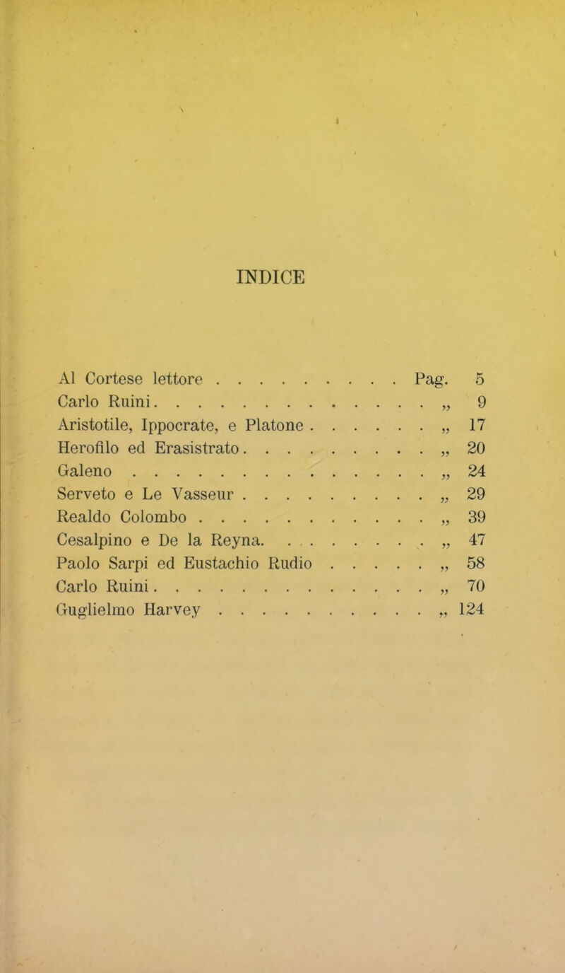 \ I 1 INDICE Al Cortese lettore Pag. 5 Carlo Ruini „ 9 Aristotile, Ippocrate, e Platone ,,17 Herofilo ed Erasistrato » 20 Galeno „ 24 Serveto e Le Vasseur « 29 Realdo Colombo „ 39 Cesalpino e De la Reyna. „ 47 Paolo Sarpi ed Eustachio Rudio ,,58 Carlo Ruini „ 70 Guglielmo Harvey „ 124