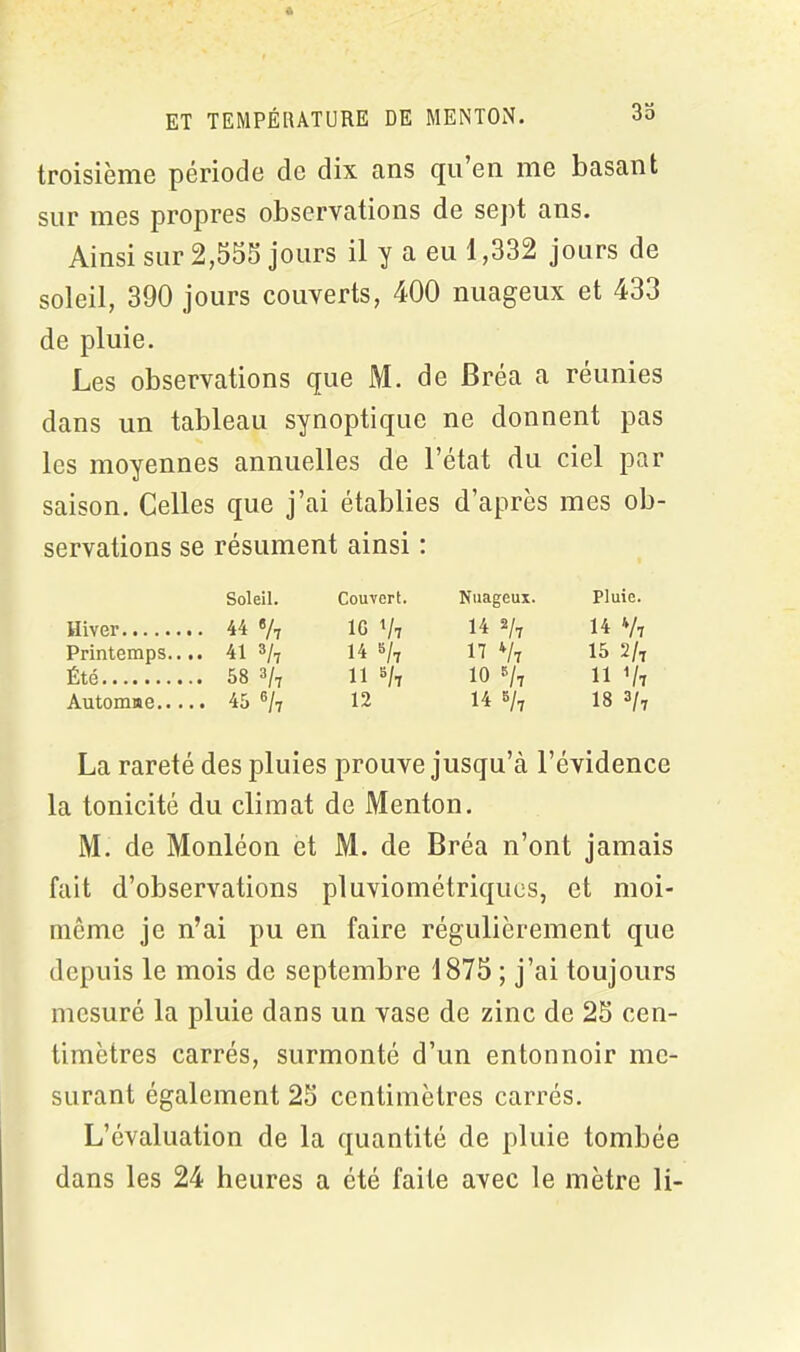 troisième période de dix ans qu’en me basant sur mes propres observations de sept ans. Ainsi sur 2,555 jours il y a eu 1,332 jours de soleil, 390 jours couverts, 400 nuageux et 433 de pluie. Les observations que M. de Bréa a réunies dans un tableau synoptique ne donnent pas les moyennes annuelles de l’état du ciel par saison. Celles que j’ai établies d’après mes ob- servations se résument ainsi : Soleil. Couvert. Nuageux. Pluie. Hiver 44 % IG V7 14 2/7 14 4/t Printemps.... 41 3/7 14 8/7 17 */7 15 2/7 Été 58 3/7 11 »/7 10 8/7 11 i/7 Automne 45 6/7 12 14 5/7 18 3/7 La rareté des pluies prouve jusqu’à l’évidence la tonicité du climat de Menton. M. de Monléon et M. de Bréa n’ont jamais fait d’observations pluviométriques, et moi- même je n’ai pu en faire régulièrement que depuis le mois de septembre 1875 ; j’ai toujours mesuré la pluie dans un vase de zinc de 25 cen- timètres carrés, surmonté d’un entonnoir me- surant également 25 centimètres carrés. L’évaluation de la quantité de pluie tombée dans les 24 heures a été faite avec le mètre li-