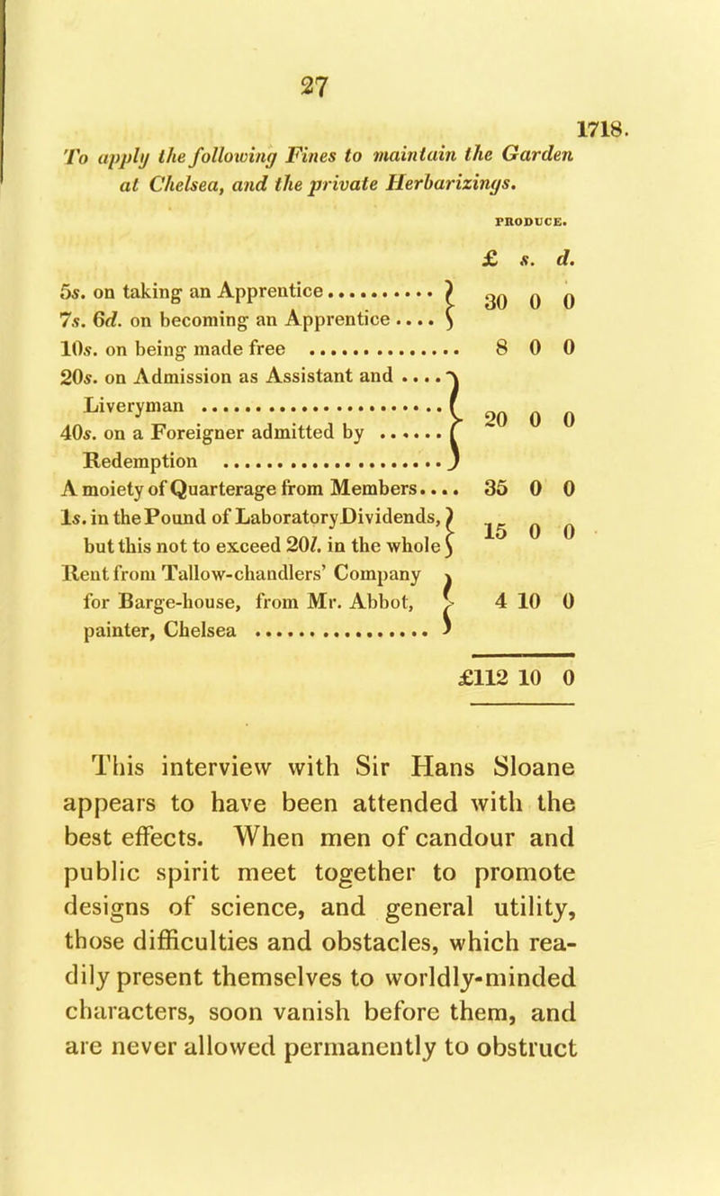 1718. To apply the folloiving Fines to maintain the Garden, at Chelsea, and the private Herharizings. FROBUCE. 6s. on taking an Apprentice 7s. 6d. on becoming an Apprentice .... 10s. on being made free 20*. on Admission as Assistant and .... Liveryman 40*. on a Foreigner admitted by Kedemption A moiety of Quarterage from Members.. Is. in the Pound of LaboratoryDividends, but this not to exceed 201. in the whole Rent from Tallow-chandlers' Company for Barge-house, from Mr. Abbot, painter, Chelsea £112 10 0 This interview with Sir Hans Sloane appears to have been attended with the best effects. When men of candour and public spirit meet together to promote designs of science, and general utility, those difficulties and obstacles, which rea- dily present themselves to worldly-minded characters, soon vanish before them, and are never allowed permanently to obstruct £ d. 30 0 0 8 0 0 20 0 0 36 0 0 15 0 0 4 10 0