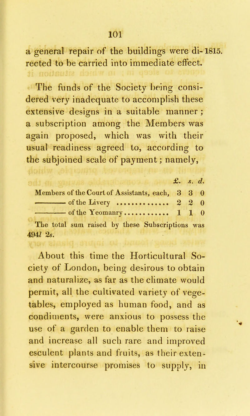 a general repair of the buildings were di-1815. rected to be carried into immediate effect. The funds of the Society being consi- dered very inadequate to accomplish these extensive designs in a suitable manner; a subscription among the Members was again proposed, which was with their usual readiness agreed to, according to the subjoined scale of payment; namely, £. .V. d. Members of the Court of Assistants, each, 3 3 0 of the Livery 2 2 0 of the Yeomanry 1 1 0 The total sum raised by these Subscriptions was 494Z 2s. About this time the Horticultural So- ciety of London, being desirous to obtain and naturalize, as far as the climate would permit, all the cultivated variety of vege- tables, employed as human food, and as condiments, were anxious to possess the use of a garden to enable them to raise and increase all such rare and improved esculent plants and fruits, as their exten- sive intercourse promises to supply, in