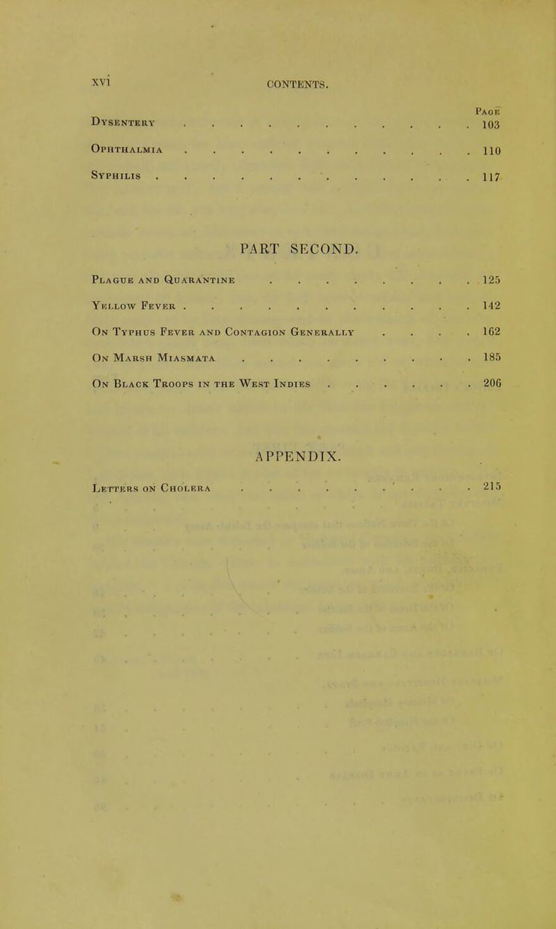 Page Dysentery ........... 103 Ophthalmia ........... no Syphilis 117 PART SECOND. Plague and Quarantine ........ 125 Yellow Fever . . . . . . . . . . .142 On Typhus Fever and Contagion Generally .... 162 On Marsh Miasmata ......... 185 On Black Troops in the West Indies ...... 206 APPENDIX. Letters on Cholera . . . . . . . .215