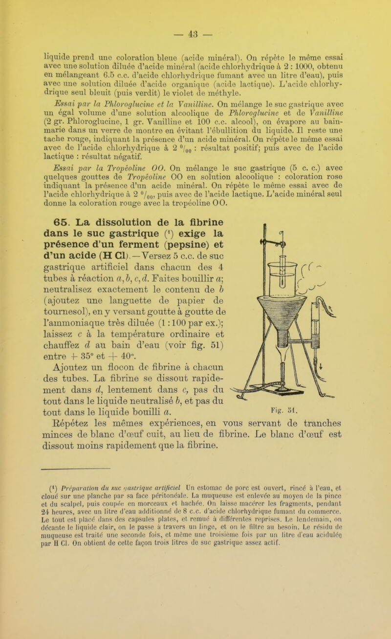 liquide prend une coloi*ation bleue (acide minéral). On répète le même essai avec une solution diluée d'acide minéral (acide chlorhydrique à 2 : 1000, obtenu en mélangeant G.5 ce. d'acide chlorliydrique fumant avec un litre d'eau), puis avec une solution diluée d'acide organique (acide lactique). L'acide chlorhy- drique seul bleuit (puis verdit) le violet de méthyle. Essai par la Phloroglucine et la Vaniîline. On mélange le suc gastrique avec un égal volume d'une solution alcoolique de Phloroglucine et de Vaniîline (2 gr. Phloroglucine, 1 gr. Vaniîline et 100 ce. alcool), on évapore au bain- marie dans un verre de montre en évitant l'ébuUition du liquide. Il reste une tache rouge, indiquant la présence d'un acide minéral. On répète le même essai avec de l'acide chlorhydrique à 2 /qq : résultat positif; puis avec de l'acide lactique : résultat négatif. Essai par la Tropéoline 00. On mélange le suc gastrique (5 c. c.) avec quelques gouttes de Tropéoline 00 en solution alcoolique : coloration rose indiquant la présence d'un acide minéral. On répète le même essai avec de l'acide chlorhydrique à 2 ^/q^, puis avec de l'acide lactique. L'acide minéral seul donne la coloration rouge avec la tropéoline 00. 65. La dissolution de la fibrine dans le suc gastrique (') exige la présence d'un ferment (pepsine) et d'un acide (H Cl).—Versez 5 ce. de suc gastrique artificiel dans ctacun des 4 tubes à réaction a, b, c, d. Faites bouillir a; neutralisez exactement le contenu de /; (ajoutez une languette de papier de tournesol), en y versant goutte à goutte de l'ammoniaque très diluée (l : 100 par ex.); laissez c à la température ordinaire et chauffez d au bain d'eau (voir fig. 51) entre -h 35° et + 40. Ajoutez un flocon de fibrine à chacun des tubes. La fibrine se dissout rapide- ment dans d, lentement dans c, pas du tout dans le liquide neutralisé b, et pas du tout dans le liquide bouilli a. Répétez les mêmes expériences, en vous servant de tranches minces de blanc d'œuf cuit, au lieu de fibrine. Le blanc d'œuf est dissout moins rapidement que la fibrine. Fig. 31. (1) Préparation du suc <iasirique artificiel Un estomac de porc est ouvert, rincd à l'eau, et cloué sur une planche par sa face pt'rilondale. La muqueuse est enlevée au moyen de la pince et du scalpel, puis coupi't; en morceaux et hachée. On laisse macérer les fragments, |)en(lant 24 heures, avec un litre d'eau additionné de 8 ce. d'acide (•.h!orhydri(|ue fumant du commerce. Le tout est placé dans des capsules plates, et remué à (lin'éreiiles reprises. Le lendemain, on décante le liquide clair, on le passe à travers un linge, et on le fillre au hesoin. Le résidu de muqueuse est traité une .seconde fois, et mùme une troisième fois par un litre d'eau aciduléo par H Cl. On obtient de celte façon trois litres de suc gastrique assez actif.