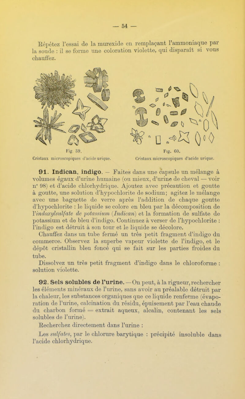 Répétez l'essai de la murexide en remplaçant l'ammoniaque par la sonde : il se forme ime coloration violette, qui disparaît si vous chauffez. Fig 59. Fig, GO. Cristaux microscopiques ti'acide uriaue. Cristaux microscopiques d'acide urique. 91. Indican, indigo. — Faites dans une capsule un mélange à volumes égaux d'urine humaine (ou mieux, d'urine de cheval — voir n° 98) et d'acide chlorhydrique. Ajoutez avec précaution et goutte à goutte, une solution d'hypochlorite de sodium; agitez le mélange avec une baguette de verre après l'addition de chaque goutte d'hypochlorite : le liquide se colore en bleu par la décomposition de Vindoxylsulfate de potassium {Indican) et la formation de sulfate de potassium et de bleu d'indigo. Continuez à verser de l'hypochlorite : l'indigo est détruit à son tour et le liquide se décolore. Chauffez dans un tube fermé un très petit fragment d'indigo du commerce. Observez la superbe vapeur violette de l'indigo, et le dépôt cristallin bleu foncé qui se fait sur les parties froides du tube. Dissolvez un très petit fragment d'indigo dans le chloroforme : solution violette. 92. Sels solubles de l'urine. —On peut, à la rigueur,rechercher les éléments minéraux de l'urine, sans avoir au préalable détruit par la chaleur, les substances organiques que ce liquide renferme (évapo- ration de l'urine, calcination du résidu, éjDuisement par l'eau chaude du charbon formé = extrait aqueux, alcalin, contenant les sels solubles de l'urine). Recherchez directement dans l'urine : Les sulfates, ]3ar le chlorure barytique : précipité insoluble dans l'acide chlorhydrique.