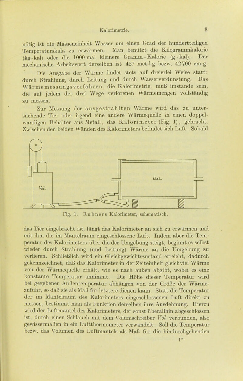 nötig ist die Masseneinheit Wasser um einen Grad der hundertteiligen Temperaturskala zu erwännen. Man benützt die KUogrammkalorie (kg-kal) oder die 1000 mal kleinere Gramm - Kalorie (g-kal). Der mechanische Arbeitswert derselben ist 427 met-kg bezw. 42 700 cm-g. Die Ausgabe der Wärme findet stets auf dreierlei Weise statt: durch Strahlimg, durch Leitung und durch Wasserverdunstung. Das Wärmemessungsverfahren, die Kalorimetrie, muß imstande sein, die auf jedem der drei Wege verlorenen Wärmemengen vollständig zu messen. Zur Messung der ausgestrahlten Wärme wird das zu unter- suchende Tier oder irgend eine andere Wärmequelle in einen doppel- wandigen Behälter aus Metall, das Kalorimeter (Fig. 1), gebracht. Zwischen den beiden Wänden des Kalorimeters befindet sich Luft. Sobald o \bi. CaZ. Fig. 1. Rubners Kalorimeter, schematisch. das Tier eingebracht ist, fängt das Kalorimeter an sich zu erwärmen und mit ihm die im Mantelraum eingeschlossene Luft. Indem aber die Tem- peratur des Kalorimeters über die der Umgebung steigt, beginnt es selbst ■wieder durch Strahlimg (und Leitung) Wärme an die Umgebung zu verlieren. Schließlich wird ein Gleichgewichtszustand erreicht, dadurch gekennzeichnet, daß das Kalorimeter in der Zeiteinheit gleichviel Wärme von der Wärmequelle erhält, wie es nach außen abgibt, wobei es eine konstante Temperatur annimmt. Die Höhe dieser Temperatur wird bei gegebener Außentemperatur abhängen von der Größe der Wärme- zufuhr, so daß sie als Maß für letztere dienen kann. Statt die Temperatur der im Mantelraum des Kalorimeters eingeschlossenen Luft direkt zu messen, bestimmt man als Funktion derselben ihre Ausdehnung. Hierzu wird der Luftmantel des Kalorimeters, der sonst überallhin abgeschlossen ist, durch einen Schlauch mit dem Volumschreiber Vol verbunden, also gewissermaßen in ein Luftthermometer verwandelt. Soll die Temperatur bezw. das Volumen des Luftmantels als Maß für die hindurchgehenden