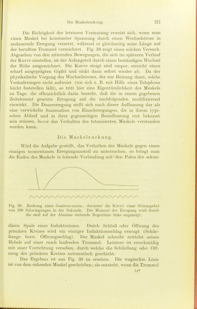 Die Richtigkeit der letzteren Vermutung erweist sich, wenn man einen Muskel bei konstanter Spamiung durch einen Wechselstrom in andauernde Erregung versetzt, während er gleichzeitig seine Länge auf der berußten Trommel verzeichnet. Fig. 38 zeigt einen solchen Versuch. Abgesehen von den zitternden Bewegungen, die sich im späteren Verlauf der Kurve einstellen, ist der Anfangsteil durch emen beständigen Wechsel der Höhe ausgezeiclmet. Die Kurve steigt steil empor, erreicht einen scharf ausgeprägten Gipfel und sinkt dann sofort wieder ab. Da der physUtalische Vorgang des Wechselstroms, der zur Reizung dient, solche Veränderungen nicht aufweist (wie sich z. B. mit Hilfe eines Telephons leicht feststellen läßt), so tritt hier eme Eigentümlichkeit des Muskels zu Tage, die offensichtlich darin besteht, daß die in einem gegebenen Zeitelement gesetzte Erregung auf die nachfolgenden modifizierend einwirkt. Die Dauererregmig stellt sich nach dieser Auffassung dar als eine verwickelte Summation von Einzelerregungen, die in ihrem typi- schen Ablauf und in ilu-er gegenseitigen Beeinflussung erst bekannt sein müssen, bevor das Verhalten des tetanisierten Muskels verstanden werden kann. Die Muskelzuckung. Wird die Aufgabe gestellt, das Verhalten des Muskels gegen einen einzigen momentanen Erregungsanstoß zu untersuchen, so bringt man die Enden des Muskels in leitende Verbindung mit'den Polen der sekun- Fig. 39. Zuckung eines Gastrocremius, darunter die Kurve einer Stimmgabel von 100 Scliwingungen in der Sekunde. Der Moment der Erregung wird durcli die steil auf der Abszisse stehende Bogenlinie link.s angezeigt. dären Spule eines Induktoriums. Durch Schluß oder Öffnung des primären Ki'eises wird ein einziger Induktionssclilag erzeugt (Schlie- ßungs- bezw. Öffnungsschlag). Der Muskel sclireibt mittelst seines Hebels auf einer rasch laufenden Trommel. Letztere ist zweckmäßig mit einer Vorrichtung versehen, durch welche die Schließung oder Öff- nung des primären Kreises automatisch geschieht. Das Ergebnis ist aus Fig. 39 zu ersehen. Die wagrechte Linie ist von dem ruhenden Muskel geschrieben; sie entsteht, wenn die Trommel