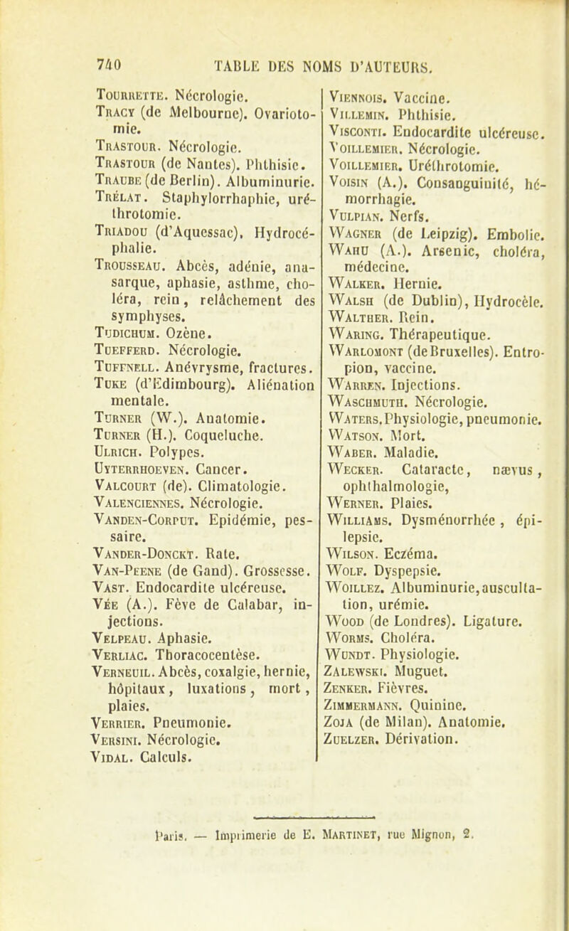 TouniiETTE. Nécrologie. TnACY (de Melbourne). Ovarioto- mie. TnASTOUR. Nécrologie. TnASTOuit (de Nantes). Phthisie. Traube (de Berlin). Albuminurie. TnÉLAT. Staphylorrhaphie, uré- ihrotomie. TniADOu (d'Aquessac). Hydrocé- phalie. Trousseau. Abcès, adénie, ana- sarque, aphasie, asthme, cho- léra, rein, relâchement des symphyses. TuDicHUM. Ozèue. TcEFFERD. Nécrologie. TuFFNELL. Anévrysme, fractures. TuKE (d'Edimbourg). Aliénation mentale. ToRNER (W.). Anatomie. TuRNER (H.). Coqueluche. Ulrich. Polypes. UïTERRHOEVEN. CaUCCr. Valcourt (de). Climatologie. Valenciennes. Nécrologie. Vanden-Corput. Epidémie, pes- saire. Vander-Donckt. Rate. Van-Peene (de Gand). Grossesse. Vast. Endocardite ulcéreuse. Vée (A.). Fève de Calabar, in- jections. Velpeau. Aphasie. Verliac. Tboracocentèse. Verneuil. Abcès, coxalgie, hernie, hôpitaux, luxations, mort, plaies. Verrier. Pneumonie. Versini. Nécrologie. Vidal. Calculs. Viennois. Vaccine. Vii.LEMiN. Phthisie. ViscoNTi. Endocardite ulcéreuse. VoiLLEMiER. Nécrologie. VoiLLEMiER. Urélhrotomie. Voisin (A.). Consanguinité, hé- morrhagie. VuLPiAN. Nerfs. Wagner (de Leipzig). Embolie. Wahu (A.). Arsenic, choléra, médecine. Walker. Hernie. Walsh (de Dublin), Hydrocèlc. Walther. Rein. Waring. Thérapeutique. Warlosont (deBruxelles). Entro- pion, vaccine. Warren. Injections. Waschmuth. Nécrologie. VVaters. Physiologie, pneumonie. Watson. l\lort. Waber. Maladie. Wecker. Cataracte, naevus, ophlhalmologie, Werner. Plaies. Williams. Dysménorrhée , épi- lepsie. WiLsoN. Eczéma. Wolf. Dyspepsie. Woillez. Albuminurie,ausculta- tion, urémie. WooD (de Londres). Ligature. WoRMS. Choléra. WuNDT. Physiologie. Zalewski. Muguet. Zenker. Fièvres. ZiMMERMAKN. Quininc. Zoja (de Milan). Anatomie. ZuELZER. Dérivation. l'aiis. — Impiiraeiie de E. Martinet, rue Mignon, 2.