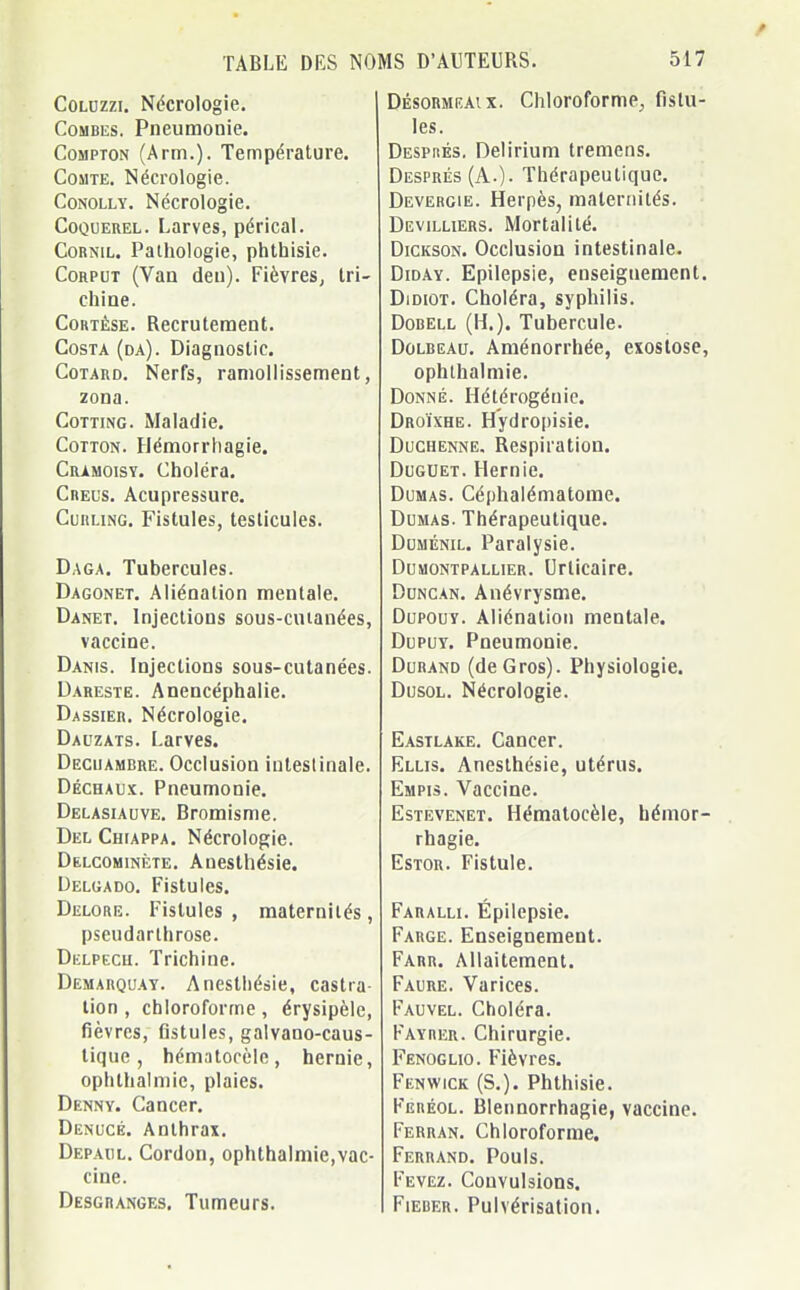 Coluzzi. Nécrologie. Combes. Pneumonie. Compton (Arm.). Température. Comte. Nécrologie. Conolly. Nécrologie. Coquerel. Larves, pérical. Cornil. Pathologie, phthisie. Corput (Van den). Fièvres, tri- chine. Cortêse. Recrutement. Costa (da). Diagnostic. Cotard. Nerfs, ramollissement, zona. Cotting. Maladie. Cotton. Hémorrhagie. Cramoisy. Choléra. Creus. Acupressure. Curling. Fistules, testicules. Daga. Tubercules. Dagonet. Aliénation mentale. Danet. Injections sous-cutanées, vaccine. Danis. Injections sous-cutanées. Dareste. Anencéphalie. Dassier. Nécrologie. Dauzats. Larves. Decuambre. Occlusion intestinale. Déchaux. Pneumonie. Delasiauve. Bromisme. Del Chiappa. Nécrologie. Delcominète. Anesthésie. Delgado. Fistules. Delore. Fistules, maternités, pseudarthrose. Delpkcu. Trichine. Demahqoay. Anesthésie, castra- tion , chloroforme, érysipèlc, fièvres, fistules, galvano-caus- tique, hématocèle, hernie, ophthalmie, plaies. Denny. Cancer. Denucé. Anthrax. Depaul. Cordon, ophthalmie,vac- cine. Desgranges. Tumeurs. Désormeai x. Chloroforme, fistu- les. Despkés. Delirium tremens. Després (A.)- Thérapeutique. Devergie. Herpès, maternités. Devilliers. Mortalité. Dickson. Occlusion intestinale. Diday. Epilepsie, enseignement. Didiot. Choléra, syphilis. Dobell (H.). Tubercule. Dolbeau. Aménorrhée, exostose, ophthalmie. Donné. Hétérogéuie. Droïxhe. Hydropisie. Duchenne. Respiration. Duguet. Hernie. Dumas. Céphalématome. Dumas. Thérapeutique. Duménil. Paralysie. Dumontpallier. Urticaire. Duncan. Anévrysme. Dupouy. Aliénation mentale. Dupuy. Pneumonie. Durand (de Gros). Physiologie. Dusol. Nécrologie. Eastlake. Cancer. Ellis. Anesthésie, utérus. Empis. Vaccine. Estevenet. Hématocèle, hémor- rhagie. Estor. Fistule. Faralli. Epilepsie. Farge. Enseignement. Farr. Allaitement. Faure. Varices. Fauvel. Choléra. Fayrer. Chirurgie. Fenoglio. Fièvres. Fenwick (S.). Phthisie. Feréol. Blennorrhagie, vaccine. Ferran. Chloroforme. Ferrand. Pouls. Fevez. Convulsions. Fieber. Pulvérisation.