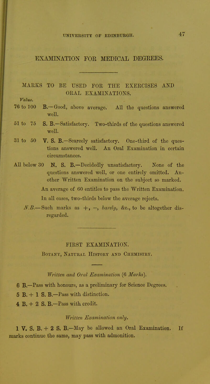 EXAMINATION FOE MEDICAL DEGKEES. MARKS TO BE USED FOR THE EXERCISES AND ORAL EXAMINATIONS. Value. 76 to 100 B.— Good, above average. All the questions answered weU. 51 to 75 S. B.—Satisfactory. Two-thirds of the questions answered weU. 31 to 50 V. S. B.—Scarcely satisfactory. One-third of the ques- tions answered well. An Oral Examination in certain circumstances. All below 30 N. S. B.—Decidedly unsatisfactory. None of the questions answered well, or one entirely omitted. An- other Written Examination on the subject so marked. An average of 60 entitles to pass the Written Examination. In all cases, two-thirds below the average rejects. N.B.— Such marks as +> —» barelyy &c., to be altogether dis- regarded. FIRST EXAMINATION. Botany, Natural History and Chemistry. Written and Oral Examination (6 Marks). 6 B.—Pass with honours, as a preliminary for Science Degrees. 5 B. + 1 S. B.—Pass with distinction. 4 B. + 2 S. B.—Pass with credit. Written Examination only. 1 V. S. B. + 2 S. B.—May be allowed an Oral Examination. If marks continue the same, may pass with admonition.