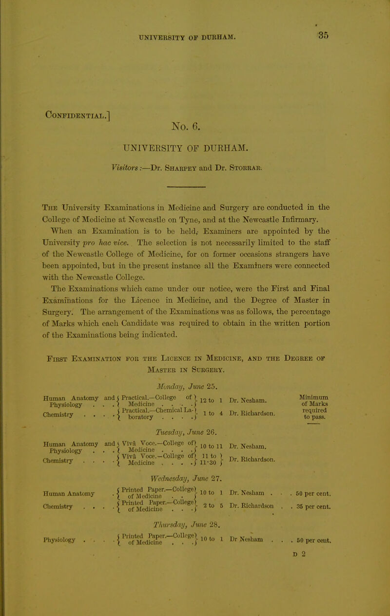 Confidential.] No. 6. UNIVERSITY OF DURHAM. Visitors:—Dr. Shahpey and Dr. Stokear. The University Examinations in Medicine and Surgery are conducted in the College of Medicine at Newcastle on Tyne, and at the Newcastle Infinnary. When an Examination is to be held,- Examiners are aj^pointed by the University pro Jiac vice. The selection is not necessarily limited to the staff of the Newcastle College of Medicine, for on former occasions strangers have been appointed, but in the present instance all the Examiners were connected with the Newcastle College. The Examinations which came under our notice, were the First and Final Examfriations for the Licence in Medicine, and the Degree of Master in Surgery. The arrangement of the Examinations was as follows, the percentage of Marks which each Candidate was required to obtain in the written portion of the Examinations being indicated. First Examination for the Licence in Medicine, and the Degree of INLiSTER IN Surgery. Human Anatomy Physiology- Chemistry . . Human Aji atomy Physiology Chemistry . . Human Anatomy Clieraistry . . Physiology . . Monday, June 25. and ( Practical.—College of I 12 to I . ( Medicine . . . . j ( Practical.—Chemical La-) ■ ■ I boratory . . . . j Dr. Nesham. 1 to 4 Dr. Richardson. Tuesday, June 26. and I Viva Voce.-College of) . . i Medicme . . . . ( I Viva Voce.-College on 11 to ) • l Medicine , . . .J 11-30 ) Wednesday, June 27. C Printed Paper.—College) .. , , •\ of Medicine . . ^ ( Printed Paper.—College) , - • i of Medicine . . & Thursday, June 28. I i {Printed Paper.-CoUege-J. J „ 1 I of Medicine Dr. Nesham. Dr. Richardson. Dr. Nesham . Dr. Richardson Dr Nesham . Minimum of Marks required to pass. 50 per cent. 35 per cent. . 50 per cent. D 2