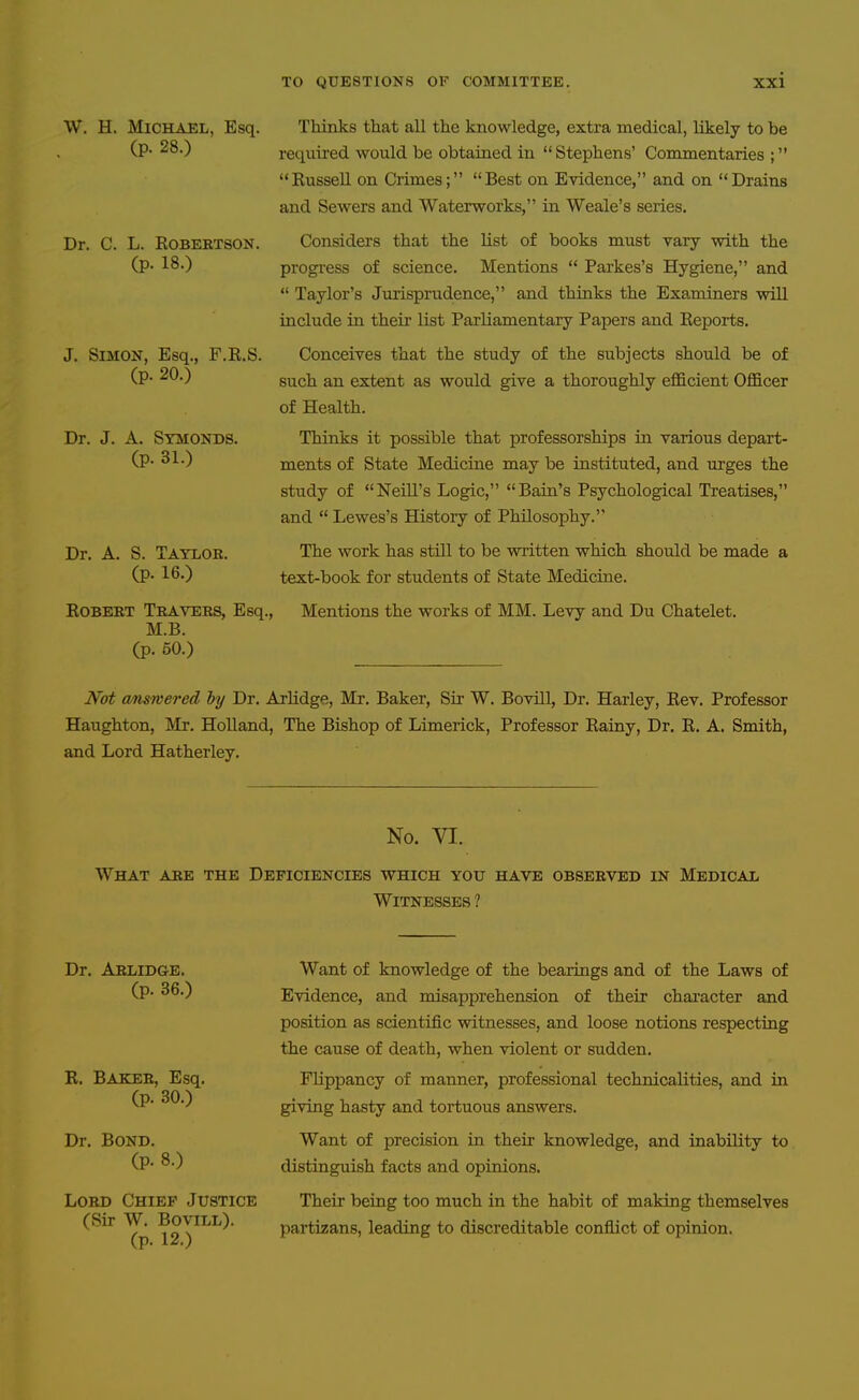 W. H. Michael, Esq. (p. 28.) Dr. C. L. KOBEBTSON. (p. 18.) J. Simon, Esq., F.R.S. (p. 20.) Dr. J. A. Symonds. (p. 31.) Dr. A. S. Taylok. (p. 16.) Robert Tbavers, Esq., M.B. (p. 50.) Thinks that all the knowledge, extra medical, likely to be required would be obtained in Stephens' Commentaries ; Russell on Crimes; Best on Evidence, and on Drains and Sewers and Waterworks, in Weale's series. Considers that the Ust of books must vary with the progress of science. Mentions  Parkes's Hygiene, and  Taylor's Jurisprudence, and thinks the Examiners will include in their list Parliamentary Papers and Reports. Conceives that the study of the subjects should be of such an extent as would give a thoroughly eflScient Officer of Health. Thinks it possible that professorships in various depart- ments of State Medicine may be instituted, and urges the study of Neill's Logic, Bain's Psychological Treatises, and  Lewes's History of Philosophy. The work has still to be written which should be made a text-book for students of State Medicine. Mentions the works of MM. Levy and Du Chatelet. Not answered hy Dr. ArHdge, Mr. Baker, Sir W. Bovill, Dr. Harley, Rev. Professor Haughton, Mr, HoUand, The Bishop of Limerick, Professor Rainy, Dr. R. A. Smith, and Lord Hatherley. No. VI. What abe the Deficiencies which you have observed in Medical Witnesses ? Dr. Arlidge. (p. 36.) R. Baker, Esq. (p. 30.) Dr. Bond. (p. 8.) Lord Chief Justice (Sir W. Bovill). (p. 12.) Want of knowledge of the bearings and of the Laws of Evidence, and misapprehension of their chai'acter and position as scientific witnesses, and loose notions respecting the cause of death, when violent or sudden. Flippancy of manner, professional technicalities, and in giving hasty and tortuous answers. Want of precision in their knowledge, and inability to distinguish facts and opinions. Their being too much in the habit of making themselves partisans, leading to discreditable conflict of opinion.