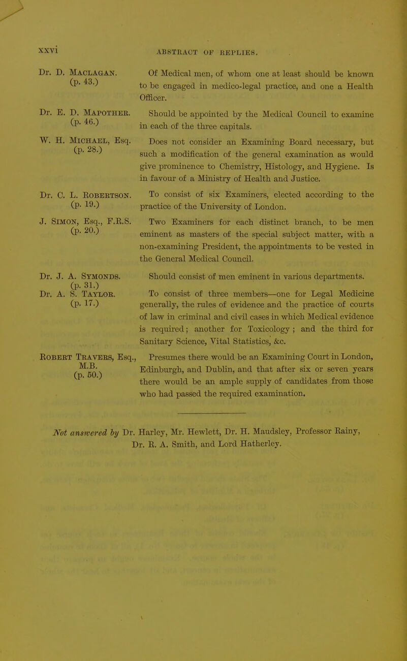 > XXVI ABSTRACT OF REPLIES. Dr. D. Maclagan. (p. 43.) Dr. E. D. Mapother. (p. 46.) W. H. Michael, Esq. (p. 28.) Dr. C. L. EOBERTSON. (p. 19.) J. Simon, Esq., F.R.S. (p. 20.) Dr. J. A. Symonds. (p. 31.) Dr. A. S. Taylor. (p. 17.) Egbert Travebs, Esq., M.B. (p. 50.) Of Medical men, of whom one at least should be known to be engaged in medico-legal practice, and one a Health Officer. Should be appointed by the Medical Council to examine in each of the three capitals. Does not consider an Examining Board necessary, but such a modification of the general examination as would give prominence to Chemistry, Histology, and Hygiene. Is in favour of a Miuistiy of Health and Justice. To consist of six Examiners, elected according to the practice of the University of London. Two Examiners for each distinct branch, to be men eminent as masters of the special subject matter, mth a non-examining President, the appointments to be vested in the General Medical Council. Should consist of men eminent in various departments. To consist of three members—one for Legal Medicine generally, the rules of evidence and the practice of courts of law in criminal and civil cases in which Medical evidence is requii'ed; another for Toxicology ; and the third for Sanitary Science, Vital Statistics, &c. Presumes there would be an Examining Court in London, Edinbiu'gh, and Dublin, and that after six or seven years there would be an ample supply of candidates from those who had passed the required examination. Not answered by Dr. Harley, Mr. Hewlett, Dr. H. Maudsley, Professor Ramy, Dr. R. A. Smith, and Lord Hatherley.