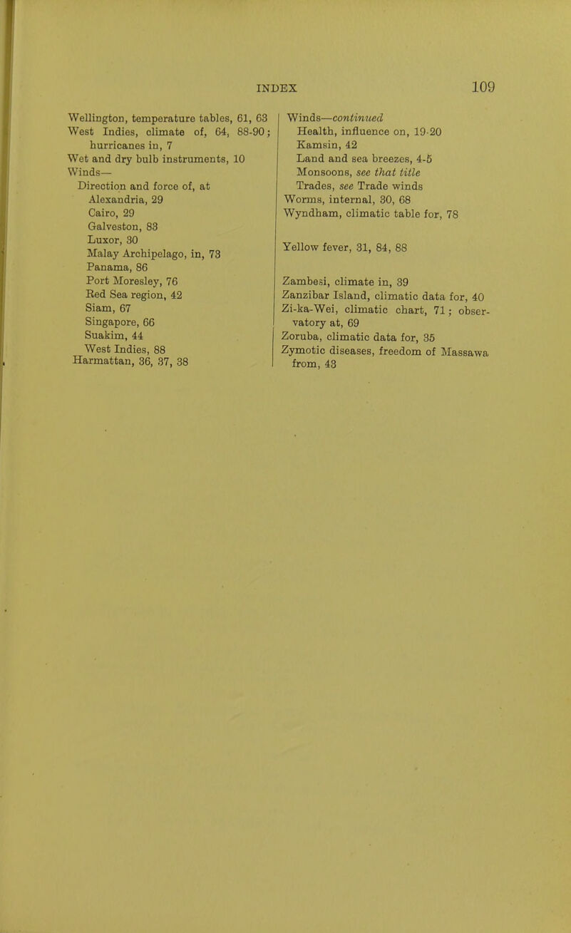 Wellington, temperature tables, 61, 63 West Indies, climate of, 64, 88-90; hurricanes in, 7 Wet and dry bulb instruments, 10 Winds— Direction and force of, at Alexandria, 29 Cairo, 29 Galveston, 83 Luxor, 30 Malay Archipelago, in, 73 Panama, 86 Port Moresley, 76 Red Sea region, 42 Siam, 67 Singapore, 66 Suakim, 44 West Indies, 88 Harmattan, 36, 37, 38 Winds—contimied Health, influence on, 19-20 Kamsin, 42 Land and sea breezes, 4-5 Monsoons, see that title Trades, see Trade winds Worms, internal, 30, C8 Wyndham, climatic table for, 78 Yellow fever, 31, 84, 88 Zambesi, climate in, 39 Zanzibar Island, climatic data for, 40 Zi-ka-Wei, climatic chart, 71; obser- vatory at, 69 Zoruba, climatic data for, 35 Zymotic diseases, freedom of Massawa from, 43