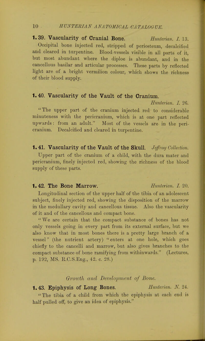 1.39. Vascularity of Cranial Bone. Hunterian. L 13. Occipital bone injected red, stripped of periosteum, decalcified and cleared in turpentine. Blood-vessels visible in all parts of it, but most abundant where the diploe is abundant, and in the cancellous basilar and articular processes. These parts by reflected light are of a bright vermilion colour, vrhich shows the richness of their blood supply. 1.40. Vascularity of the Vault of the Cranium. Hunterian. I. 26. The upper part of the cranium injected red to considerable minuteness with the pericranium, which is at one part reflected upwards : from an adult. Most of the vessels are in the peri- cranium. Decalcified and cleared in turpentine. 1.41. Vascularity of the Vault of the Skull. Jefray Collection. Upper part of the cranium of a child, with the dura mater and pericranium, finely injected red, showing the richness of the blood supply of these parts. 1.42. The Bone Marrow. Hunterian. I. 20. Longitudinal section of the upper half of the tibia of an adolescent subject, finely injected red, showing the disposition of the marrow in the medullary cavity and cancellous tissue. Also the vascularity of it and of the cancellous and compact bone.  We are certain that the compact substance of bones has not only vessels going in every part from its external surface, but we also know that in most bones there is a pretty large branch of a vessel (the nutrient artery) enters at one hole, which goes chiefly to the cancelli and marrow, but also gives branches to the compact substance of bone ramifying from withinwards. (Lectures, p. 192, MS. R.C.S.Eng., 42. c. 28.) Growth and Development of Bone. 1.43. Epiphysis of Long Bones. Hnnterian. K 24. The tibia of a child from which the epiphysis at each end is half pulled off, to give an idea of epiphysis.