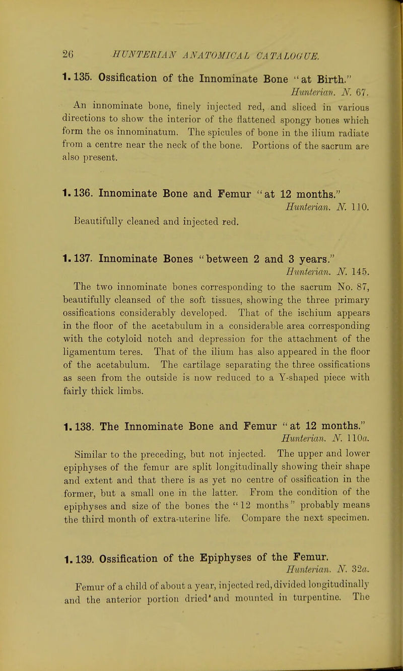 1.135. Ossification of the Innominate Bone at Birth. Hunteriaii. iV. 67. An innominate bone, finely injected red, and sliced in various directions to show the interior of the flattened spongy bones which form the os innominatum. The spicules of bone in the ilium radiate from a centre near the neck of the bone. Portions of the sacrum are also present. 1.136. Innominate Bone and Femur at 12 months. Hunterian. N. 110. Beautifully cleaned and injected red. 1.137. Innominate Bones between 2 and 3 years. Hunterian. N. 14.5. The two innominate bones corresponding to the sacrum No. 87, beautifully cleansed of the soft tissues, showing the three primary ossifications considerably developed. That of the ischium appears in the floor of the acetabulum in a considerable area corresponding with the cotyloid notch and depression for the attachment of the ligamentum teres. That of the ilium has also appeared in the floor of the acetabulum. The cartilage separating the three ossifications as seen from the outside is now reduced to a Y-shaped piece with fairly thick limbs. 1.138. The Innominate Bone and Femur at 12 months. Hunteriaii. N. 110a. Similar to the preceding, but not injected. The upper and lower epiphyses of the femur are split longitudinally showing their shape and extent and that there is as yet no centre of ossification in the former, but a small one in the latter. From the condition of the epiphyses and size of the bones the 12 months probably means the third month of extra-uterine life. Compare the next specimen, 1.139. Ossification of the Epiphyses of the Femur. Hunterian. N. 32a. Femur of a child of about a year, injected red, divided longitudinally and the anterior portion dried* and mounted in turpentine. The