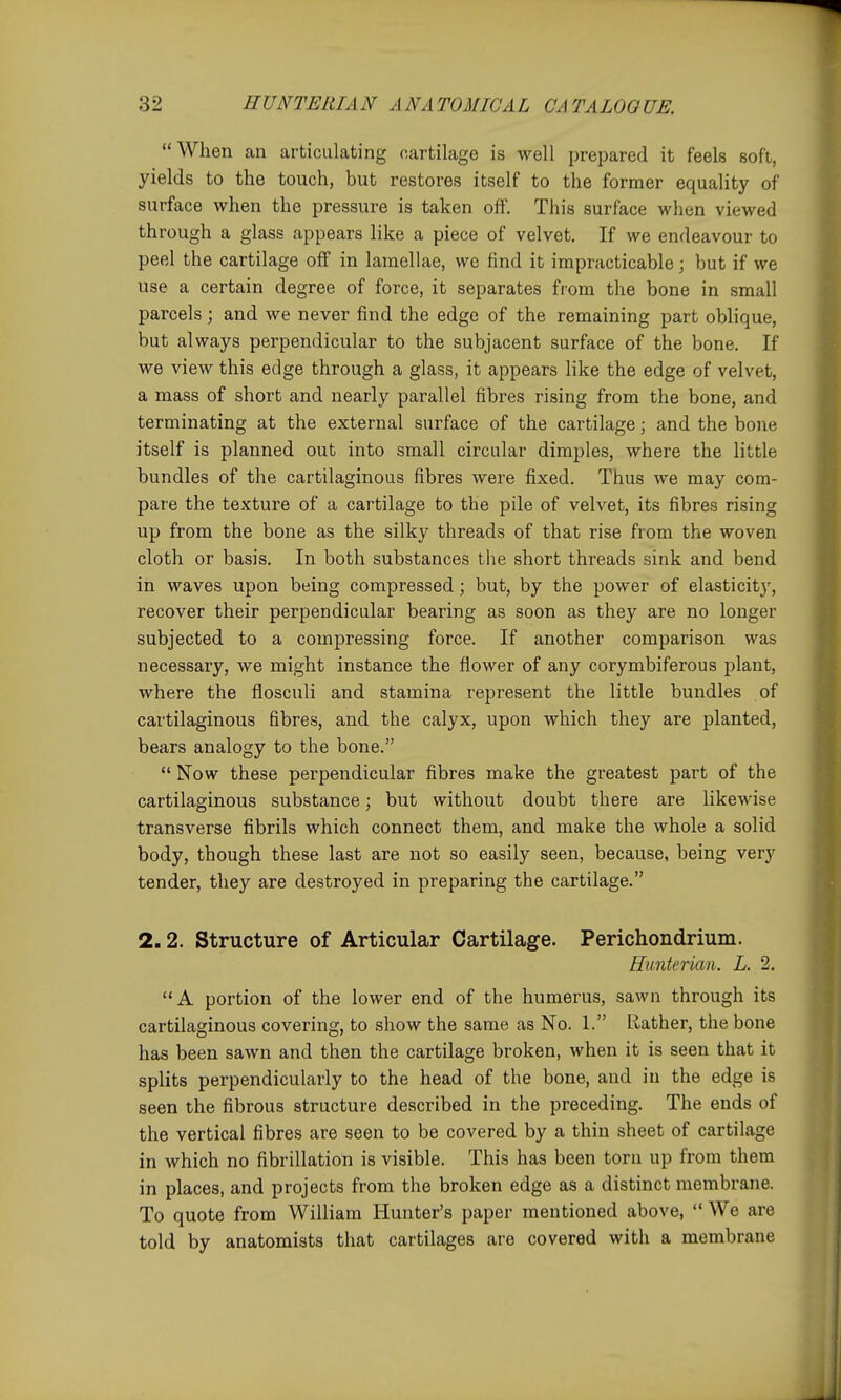  When an articulating cartilage is well prepared it feels soft, yields to the touch, but restores itself to the former equality of surface when the pressure is taken off. This surface when viewed through a glass appears like a piece of velvet. If we endeavour to peel the cartilage off in lamellae, we find it impracticable; but if we use a certain degree of force, it separates from the bone in small parcels; and we never find the edge of the remaining part oblique, but always perpendicular to the subjacent surface of the bone. If we view this edge through a glass, it appears like the edge of velvet, a mass of short and nearly parallel fibres rising from the bone, and terminating at the external surface of the cartilage; and the bone itself is planned out into small circular dimples, where the little bundles of the cartilaginous fibres were fixed. Thus we may com- pare the texture of a cartilage to the pile of velvet, its fibres rising up from the bone as the silky threads of that rise from the woven cloth or basis. In both substances the short threads sink and bend in waves upon being compressed; but, by the power of elasticit}', recover their perpendicular bearing as soon as they are no longer subjected to a compressing force. If another comparison was necessary, we might instance the flower of any corymbiferous plant, where the flosculi and stamina represent the little bundles of cartilaginous fibres, and the calyx, upon which they are planted, bears analogy to the bone.  Now these perpendicular fibres make the greatest part of the cartilaginous substance; but without doubt there are likewise transverse fibrils which connect them, and make the whole a solid body, though these last are not so easily seen, because, being very tender, they are destroyed in preparing the cartilage. 2.2. Structure of Articular Cartilage. Perichondrium. Hunterian. L. 2. A portion of the lower end of the humerus, sawn through its cartilaginous covering, to show the same as No. 1. Rather, the bone has been sawn and then the cartilage broken, when it is seen that it splits perpendicularly to the head of the bone, and in the edge is seen the fibrous structure described in the preceding. The ends of the vertical fibres are seen to be covered by a thin sheet of cartilage in which no fibrillation is visible. This has been torn up from them in places, and projects from the broken edge as a distinct membrane. To quote from William Hunter's paper mentioned above,  We are told by anatomists that cartilages are covered with a membrane