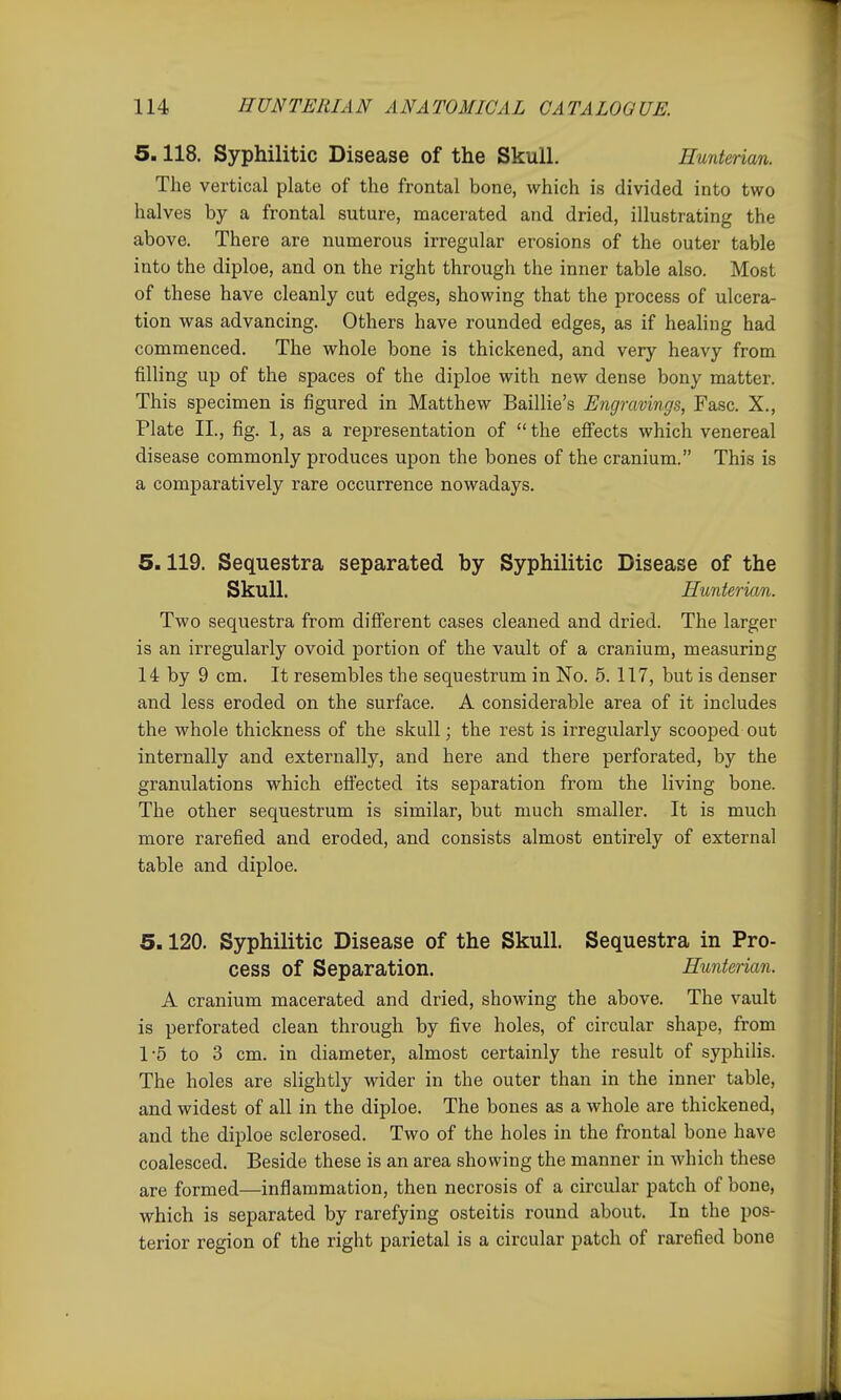 5.118. Syphilitic Disease of the Skull. Hunterian. The vertical plate of the frontal bone, which is divided into two halves by a frontal suture, macerated and dried, illustrating the above. There are numerous irregular erosions of the outer table into the diploe, and on the right through the inner table also. Most of these have cleanly cut edges, showing that the process of ulcera- tion was advancing. Others have rounded edges, as if healing had commenced. The whole bone is thickened, and very heavy from filling up of the spaces of the diploe with new dense bony matter. This specimen is figured in Matthew Baillie's Engravings, Fasc. X., Plate II., fig. 1, as a representation of the effects which venereal disease commonly produces upon the bones of the cranium. This is a comparatively rare occurrence nowadays. 5.119. Sequestra separated by Syphilitic Disease of the Skull. Hunterian. Two sequestra from difierent cases cleaned and dried. The larger is an irregularly ovoid portion of the vault of a cranium, measuring 14 by 9 cm. It resembles the sequestrum in No. 5. 117, but is denser and less eroded on the surface. A considerable area of it includes the whole thickness of the skull; the rest is irregularly scooped out internally and externally, and here and there perforated, by the granulations which efiected its separation from the living bone. The other sequestrum is similar, but much smaller. It is much more rarefied and eroded, and consists almost entirely of external table and diploe. 5.120. Syphilitic Disease of the Skull. Sequestra in Pro- cess of Separation. Hunterian. A cranium macerated and dried, showing the above. The vault is perforated clean through by five holes, of circular shape, from 1-5 to 3 cm. in diameter, almost certainly the result of syphilis. The holes are slightly wider in the outer than in the inner table, and widest of all in the diploe. The bones as a whole are thickened, and the diploe sclerosed. Two of the holes in the frontal bone have coalesced. Beside these is an area showing the manner in which these are formed—inflammation, then necrosis of a circular patch of bone, which is separated by rarefying osteitis round about. In the pos- terior region of the right parietal is a circular patch of rarefied bone