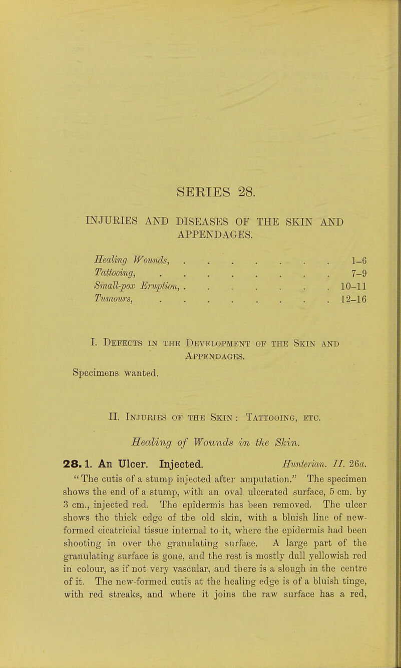 SERIES 28. INJURIES AND DISEASES OF THE SKIN AND APPENDAGES. Healing Wounds, 1-6 Tattooing, ........ 7-9 Small-pox Eruption, . . . . . . .10-11 Tumours, ........ 12-16 I. Defects in the Development of the Skin and Appendages. Specimens wanted. II. Injuries of the Skin : Tattooing, etc. Healing of Wounds in the Skin. 28.1. An Ulcer. Injected. Hunterian. II. 26a. The cutis of a stump injected after amputation. The specimen shows the end of a stump, with an oval ulcerated surface, 5 cm. by .3 cm., injected red. The epidermis has been removed. The ulcer shows the thick edge of the old skin, with a bluish line of new- formed cicatricial tissue internal to it, where the epidermis had been shooting in over the granulating surface. A large part of the granulating surface is gone, and the rest is mostly dull yellowish red in colour, as if not very vascular, and there is a slough in the centre of it. The new-formed cutis at the heahng edge is of a bluish tinge, with red streaks, and where it joins the raw surface has a red,