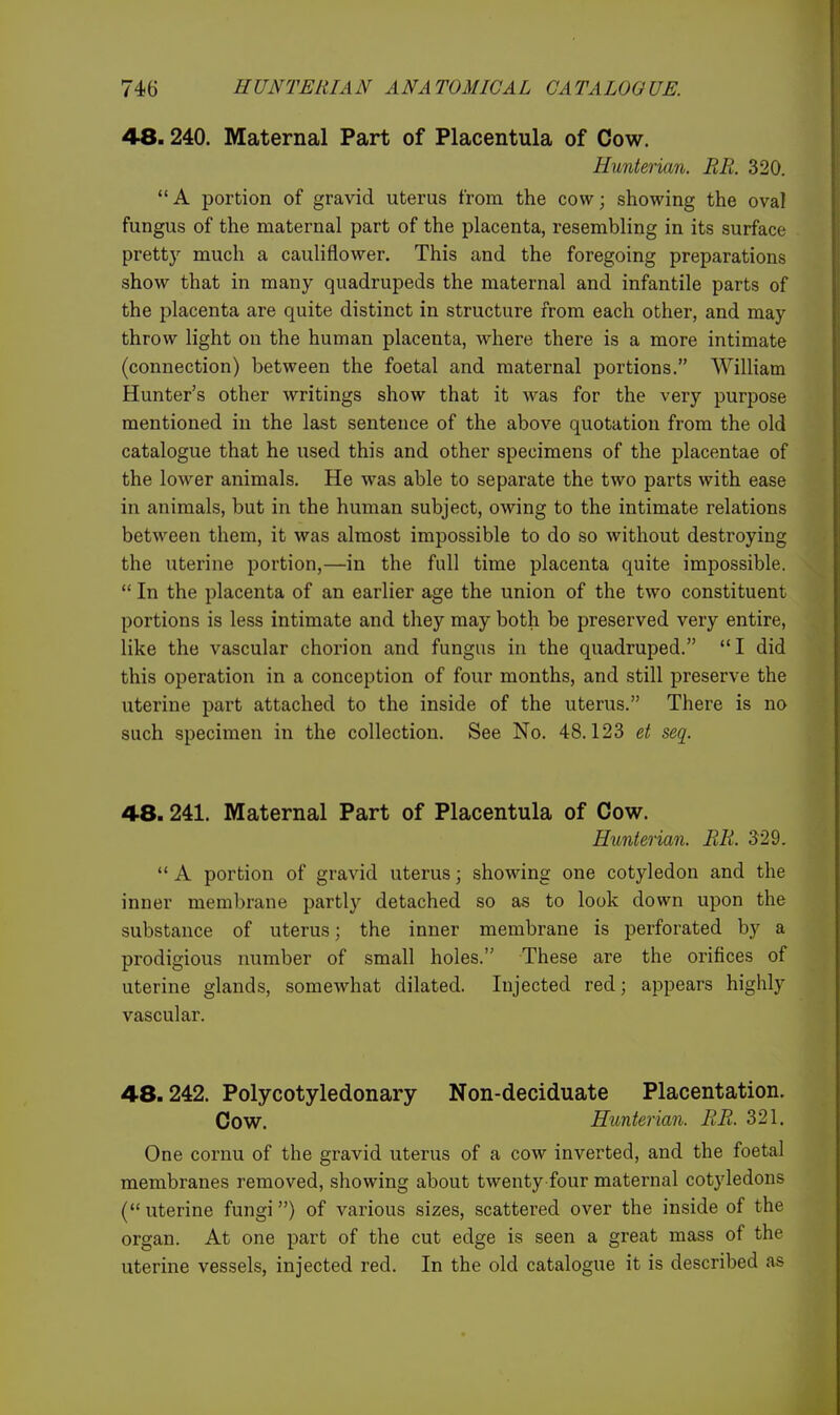 48.240. Maternal Part of Placentula of Cow. Hunterian. RR. 320. A portion of gravid uterus from the cow; showing the oval fungus of the maternal part of the placenta, resembling in its surface pretty much a cauliflower. This and the foregoing preparations show that in many quadrupeds the maternal and infantile parts of the placenta are quite distinct in structure from each other, and may throw light on the human placenta, where there is a more intimate (connection) between the foetal and maternal portions. WilUam Hunter's other writings show that it was for the very purpose mentioned in the last sentence of the above quotation from the old catalogue that he used this and other specimens of the placentae of the lower animals. He was able to separate the two parts with ease in animals, but in the human subject, owing to the intimate relations between them, it was almost impossible to do so without destroying the uterine portion,—in the full time placenta quite impossible.  In the placenta of an earlier age the union of the two constituent portions is less intimate and they may both be preserved very entire, like the vascular chorion and fungus in the quadruped. I did this operation in a conception of four months, and still preserve the uterine part attached to the inside of the uterus. There is no such specimen in the collection. See No. 48.123 et seq. 48.241. Maternal Part of Placentula of Cow. Hunterian. RR. 329.  A portion of gravid uterus; showing one cotyledon and the inner membrane partly detached so as to look down upon the substance of uterus; the inner membrane is perforated by a prodigious number of small holes. These are the orifices of uterine glands, somewhat dilated. Injected red; appears highly vascular. 48.242. Polycotyledonary Non-deciduate Placentation. Cow. Hunterian. RR. 321. One cornu of the gravid uterus of a cow inverted, and the foetal membranes removed, showing about twenty four maternal cotyledons (uterine fungi) of various sizes, scattered over the inside of the organ. At one part of the cut edge is seen a great mass of the uterine vessels, injected red. In the old catalogue it is described as