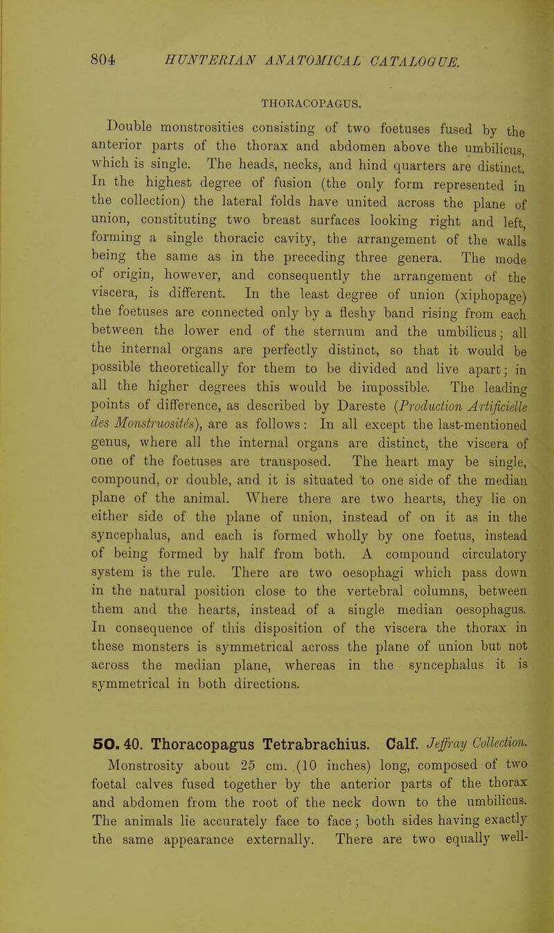THORACOPAGUS. Double monstrosities consisting of two foetuses fused by the anterior parts of the thorax and abdomen above the umbihcus which is single. The heads, necks, and hind quarters are distinct. In the highest degree of fusion (the only form represented in the collection) the lateral folds have united acro.ss the plane of union, constituting two breast surfaces looking right and left, forming a single thoracic cavity, the arrangement of the walls being the same as in the preceding three genera. The mode of origin, however, and consequently the arrangement of the viscera, is different. In the least degree of union (xiphopage) the foetuses are connected only by a fleshy band rising from each between the lower end of the sternum and the umbilicus; all the internal organs are perfectly distinct, so that it would be possible theoretically for them to be divided and live apart; in all the higher degrees this would be impossible. The leading points of difference, as described by Dareste {Production Artificielle des MonstruosiUs), are as follows: In all except the last-mentioned genus, where all the internal organs are distinct, the viscera of one of the foetuses are transposed. The heart may be single, compound, or double, and it is situated to one side of the median plane of the animal. Where there are two hearts, they lie on either side of the plane of union, instead of on it as in the syncephalus, and each is formed wholly by one foetus, instead of being formed by half from both. A compound circulatory system is the rule. There are two oesophagi which pass down in the natural position close to the vertebral columns, between them and the hearts, instead of a single median oesophagus. In consequence of this disposition of the viscera the thorax in these monsters is symmetrical across the plane of union but not across the median plane, whereas in the syncephalus it is symmetrical in both directions. 50.40. Thoracopagus Tetrabrachius. Calf. Jeffray Collection. Monstrosity about 25 cm. (10 inches) long, composed of two foetal calves fused together by the anterior parts of the thorax and abdomen from the root of the neck down to the umbihcus. The animals lie accurately face to face; both sides having exactly the same appearance externall3^ There are two equally well-