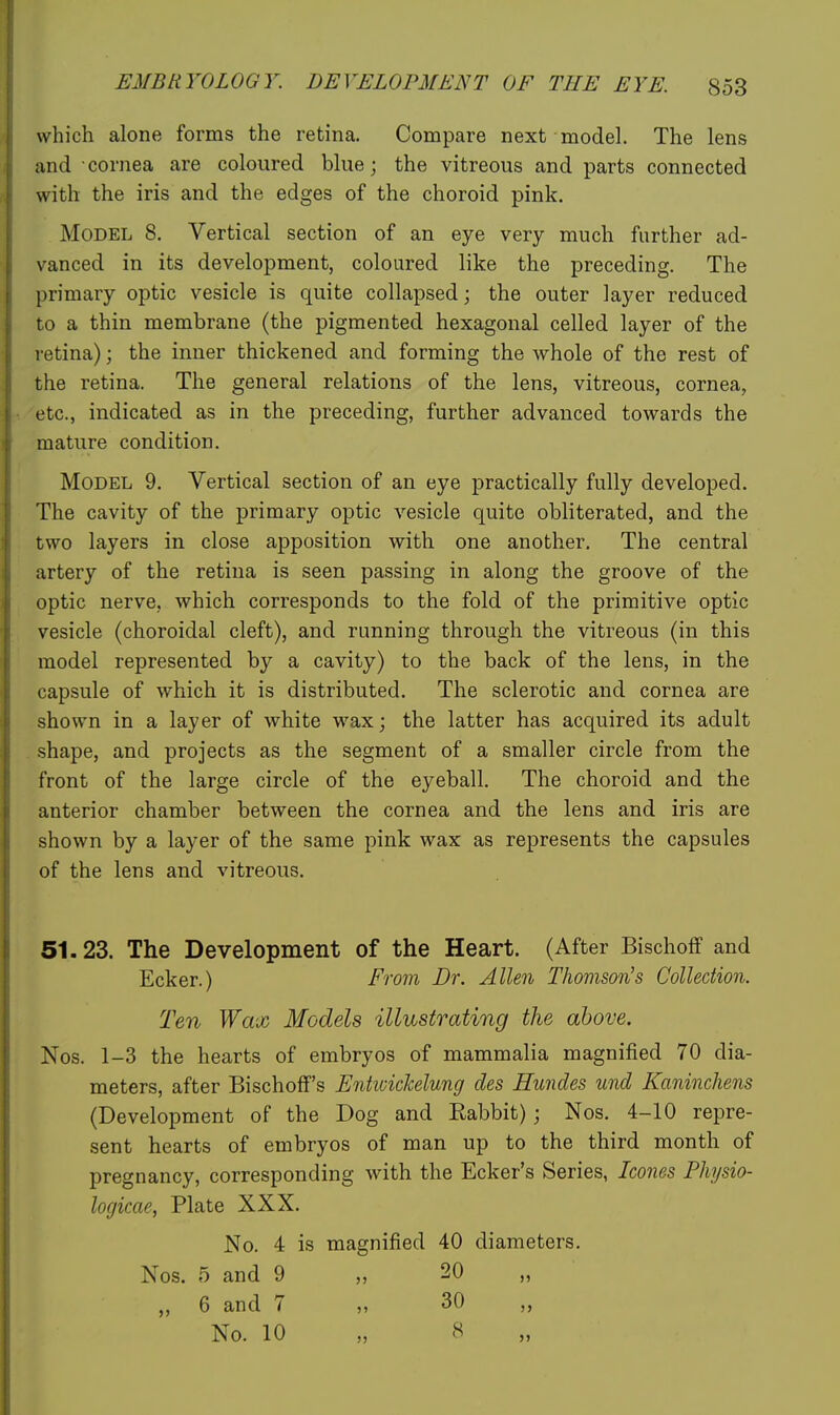 which alone forms the retina. Compare next model. The lens and cornea are coloured blue; the vitreous and parts connected with the iris and the edges of the choroid pink. Model 8. Vertical section of an eye very much further ad- vanced in its development, coloured like the preceding. The primary optic vesicle is quite collapsed; the outer layer reduced to a thin membrane (the pigmented hexagonal celled layer of the retina); the inner thickened and forming the whole of the rest of the retina. The general relations of the lens, vitreous, cornea, etc., indicated as in the preceding, further advanced towards the mature condition. Model 9. Vertical section of an eye practically fully developed. The cavity of the primary optic vesicle quite obliterated, and the two layers in close apposition with one another. The central artery of the retina is seen passing in along the groove of the optic nerve, which corresponds to the fold of the primitive optic vesicle (choroidal cleft), and running through the vitreous (in this model represented by a cavity) to the back of the lens, in the capsule of which it is distributed. The sclerotic and cornea are shown in a layer of white wax; the latter has acquired its adult shape, and projects as the segment of a smaller circle from the front of the large circle of the eyeball. The choroid and the anterior chamber between the cornea and the lens and iris are shown by a layer of the same pink wax as represents the capsules of the lens and vitreous. 51.23. The Development of the Heart. (After BischofF and Ecker.) From Dr. Allen Thomson's Collection. Ten Wax Models illustrating the above. Nos. 1-3 the hearts of embryos of mammalia magnified 70 dia- meters, after Bischoff's Entioiclcelung des Hundes und Kaninchens (Development of the Dog and Kabbit); Nos. 4-10 repre- sent hearts of embryos of man up to the third month of pregnancy, corresponding with the Ecker's Series, Icones Physio- logicae, Plate XXX. No. 4 is magnified 40 diameters. Nos. 5 and 9 „ 20 ,, 6 and 7 „ 30 „ No. 10 „ 8 „