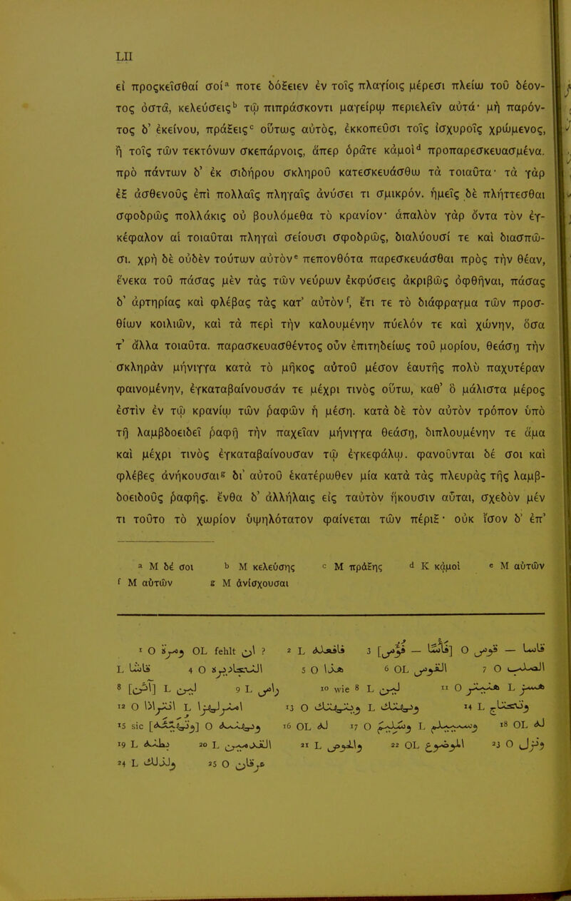 LH ei TTpo^KeiaGm croi^ ttotc öoHeiev ev toT? TrXaYi'oK; laepem TiXeiu) toö öeov- Toq öaia, KeXeucTei«;'' tlu TrmpdffKOVTi juaTei'pqJ TrepieXeiv auToi* )af| Ttapöv- TO? b' eKCivou, TrpdHeis*^ outuj<; auTÖig, ^KKOireOcri toT(; iaxupoT<; xpih^ievoq, fl ToTg Tüjv TeKTOVuuv CTKCTrapvoi^, äuep opdie Kd|uoi'* TrpoTTapeaKeuacTjueva. TTpö irdvTUJv b' CK möiipou (JkXiipoO KaieaKeudcrGuu rd TOiaOia* rd ydp dcr6evoü(; eiri TioXXaT? TTXnTai? dvOcrei ti (TjuiKpov. rmeig öe TTXr|TTea6ai (Tqpobpüjq TToXXdKK; ov ßouXö)Lie9a tö Kpaviov drraXöv ydp övia töv iy- KcqpaXov ai lOiaOrai rrXriYai creioucTi ocpobpdjq, öiaXuoucJi' le Kai biacTTTiJu- (Ti. xpr] bk ovbkv toutuuv auTÖv'= TreTT0v9ÖTa TrapeffKeuddOai irpog iriv 9eav, ev€Ka ToO Trdcrag |iev rd? tOuv veupuuv iKqpucTei? dKpißüu? öqpGfivai, -rrdcjag b' dpiripiag Kai cpXeßa(; idq Kaf auTÖv^, In re tö &idq)paY|ua tOuv irpoff- Gi'ujv KOiXiujv, Kai td irepi ty]v KaXou)uevriv TTÜeXov le Kai x^vriv, 6aa T dXXa TOiaOia. TTapa(TKeua(j9eVT05 ouv emTribeiiu? toö juopiou, 9ed(Jri Triv akXripdv luriviYTOt xaTd tö MnKO? auToO )Lie(Jov eauTf]^ ttoXu iraxuTepav (paivo)aevriv, eYKaToßaivouadv Te |nexpi tivö? oütiu, Ka9' b judXicTTa jiiepo? ecTTiv ev TO) Kpavi'iu tujv ßaqpujv f] neai]. koltol be töv auTÖv Tpoirov urrö Tf] Xa|Lißbo€ibeT pacpfj thv iraxeTav ildiviytw 9edör), bmXoujuevriv te ä|aa Kai nexpi tivö? ^YKaTaßai'voucrav tuj ^YKecpdXuj. qpavouvTai be croi Kai qpX€ße(; dvnKoucrais^ bi auToO eKaT€puj9ev }xia KaTd Td? irXeupdi; T\]q Xa|aß- boeiboOq paqpfj?. evGa b' dXXi'iXaiq dq TauTÖv fiKOucriv auTai, crx^böv jaev Ti toOto tö xiJupiov uqjJiXÖTaTOV (paiveTai tüüv irepiH * ouk ictov b' ^tt' a M (Joi b M KeXeöari? c m updEn? ^ K Kä|aoi « M outujv f M aÖTtI)v s M dvioxouaai I O k^o^ OL fehlt ? 2 L <*Jj«iLi 3 [^5* — ^^1 ^ ~~ L Liolä 4 O 5 O IJ^ 6 OL ,_/>ÄJ1 7 O t-..J-aJ\ 8 [C3^^] L 9 L 10 wie 8 L  0 y-^^ L j*cob 15 sie [«J^^gj^] O <iv.vyL(gj^ 16 OL 17 O ^^-t^^^ L ,Jt;L>^-*«<^3 18 OL <w 19 L 20 L ^;^>>Jü\ »I L ^^ii^  OL ^y^y>»\ ^3 O JjJj