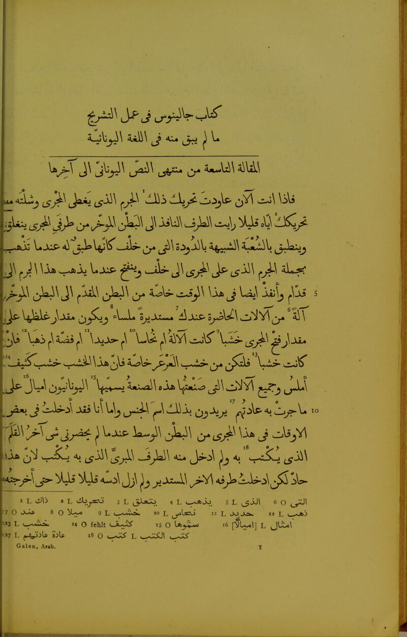 « ^lij ^J^\ Ja^. ji\ '^i O'^ j> ^ j\ ^- x\ «.JOS UjuP 4i'^j*U\^^._jJiP- ^ ^\ s:>^A^\j AxLiili j.Jb.bj ^\ Alis j.\\jüJo- ^\ '°L\i ^\^4iV\ cullS'Xii JlL. ''loi^l^ \ jcÄ^li ^ ^ ''Li^ Oj^^ ^oW^J v.Ij^V* fs^^ >'0 ^ V^o:^ ^ J Ai;A :iUs <li jj\ ^ jüa\ o>^uU.i^ SU I L vi)\> 2 L ^.ys^' 3 L i3)jCo. 4 L »--^Jo. 5 L ^JJ\ 6 o ■7 O uX-;* 8 o 9 L 10 L ^l-*^  L JS*.«-^ L ( sa3 '13 L ^.^—li^ 14 O fehlt «-A-^ 15 O 16 [^Lool] L Jlil*\ 117 L f^>\s> s>U 18 o L <^^C:SÜ\ ^«jI^ • • • Galen, Arab. I
