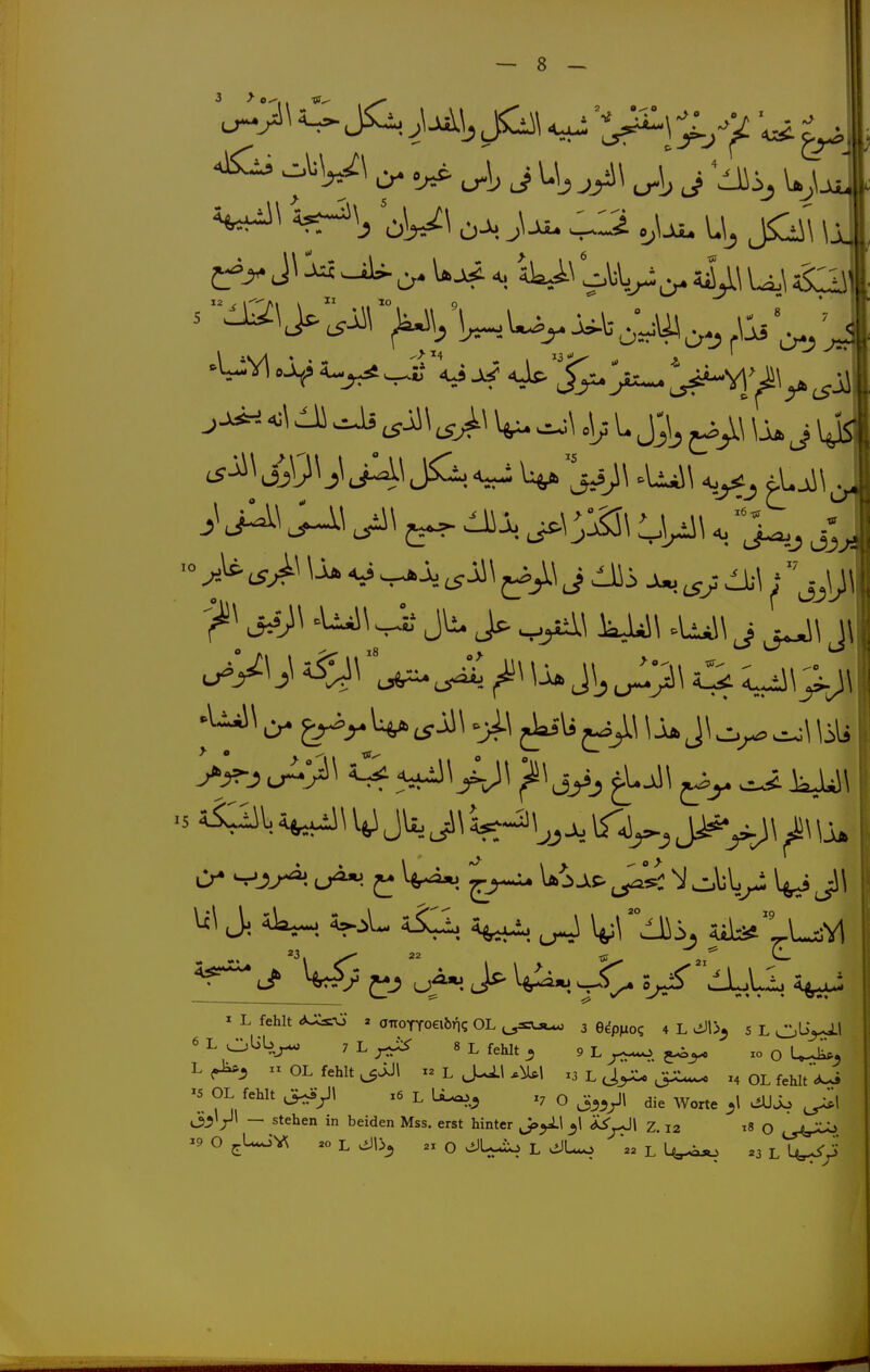 y^^j o^. j-j^ .jji- ■o > ^-^ V J dÜi ^' ;\ T 6^>^ v-'if JU^ > .Uui\ j j\ j\ '^^4 ^\ u j\, a L^\>;\ <^ ^\j>-^\ jyj ^Uj1\ jj>y ^ UiJ\ \i\ 4^^. v^L 5^ ^ <iLä«LüYl 23. ^ 22 Tjj ^^'^ I L fehlt 2 anoTToeibri? OL 3 Gdpiuo? 4 L ^1>^ 5 L O^^^l 6 L Olib^ 7 L ^ 8 L fehlt _5 9 L 10 o »OL fehlt ^JJl X2LJ^UM.1 .3L,iy:.jX^ x4 0LfehItd^ ^5 OL fehlt 16 L U^.^ 17 O J^^yi die AVorte j)l .iUJo ^1 ö^'yi — stehen in beiden Mss. erst hinter J>yl.\ Z. 12 18 q j-^,;:^