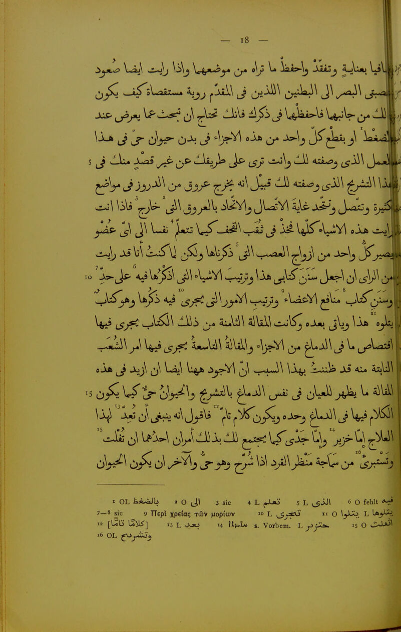 7»i lO 0-1 IS \i>l3 'ji\ J^^ivVj JlJvl 5^ ^\ J\ Lij' Lü- <^J^ ijT-UVl oIa s^)<S^ [S^'^^T^}y ^\JiS^ '-J^Cr^j ^\ Lu-Ü\ -\y>>A J V. ^jJ^\ ^yii ^v.^\ ^ j ^Ui L iVsi\ 1 OL ki^b a O 3 sie 4L ^Jäs s L ^JJ\ 6 Q fehlt 7—8 sie 9 TTepi xpeiaq xiliv nopiujv L i3jfsO> u O \y-^. L L»y^. 12 [UU LS^LT] 13 L Joo 14 llr-i- s. Vorbem. L y^5 O ci^Jj^^ i6 OL ^■u^^^