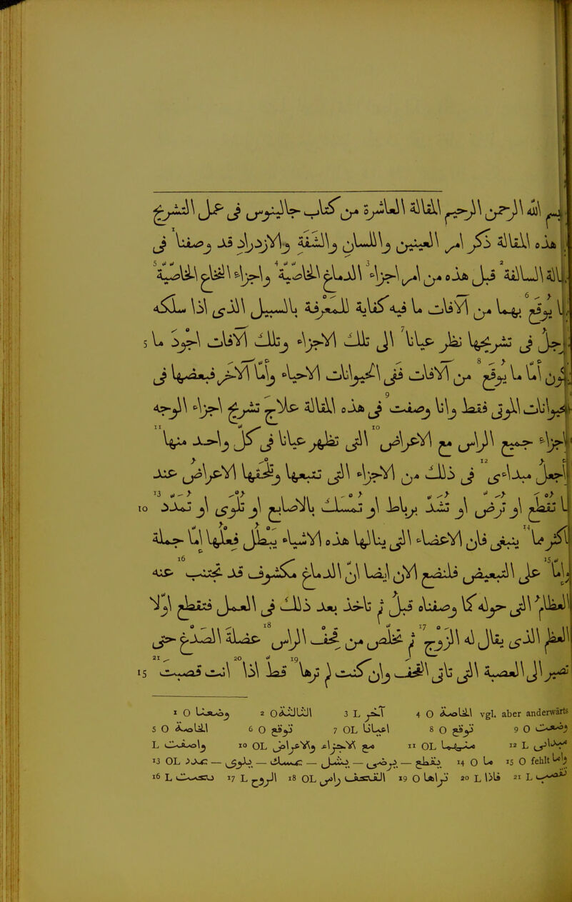 J Ji3 ^V>3)Vl-^ 4lii\j ^Ui\j ,2;^^^ y'^ '^^^ «-^ . ^ ji\ 4i^HlJ ^jViS'v U JIjVsV^ ^y^ U-^. ji^ l 5 V. .i^Uvl dJa^ Ayyl ^ J\ '\:U ^Sa3 l^yij J J:>. j <>._^\ ^\>?-^ -^ J cia-tfj laij J^\ 11 0' ^ 10 )i 5L>. \1\ \^ J]^ .LiVi. j* J\ 'Li*-Y\ ^:,U 21 ^ 20' 19 ^ I O Uä^^ 2 OÄJJUJI 3 L yi-T 4 O ^lil vgl. aber anderwärts 5 O Ä^Ui.\ 6 o 5»y 7 OL liUftl 8 o 9 0 Coui^ L C^J^I^ 10 OL J>\yiV^3 *\^V^ 5^ II OL Uil« 12 L 13 OL >wX^ — ^yo, — <iU^ — jlio. — i_5-o^. — jkio. 14 O IS 0 fehlt telji