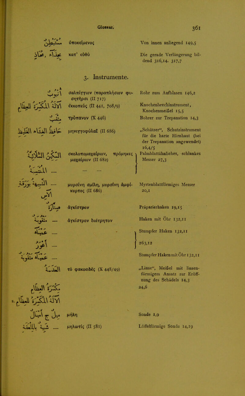 Von innen anliegend 149,5 Die gerade Verlängerung bil- dend 316,14. 317,7 3. Instrumente. > o \ aaXulTYiov (trapauXriöiov q)u- OTiTflpm (II 717) ^KKoireO«; (II 441, 708/9) Tpönavov (X 446) MnviTTocpOXaH (II 686) '-II (iKoXoTtonaxa{piov, up6|iTiKe? Haxaipiov (II 682) Rohr zum Aufblasen 146,2 Knochenbrechinstrument, Knochenmeißel 15,5 Bohrer zur Trepanation 14,3 „Schützer, Schutzinstrument für die harte Hirnhaut (bei der Trepanation angewendet) 16,4/S Palmblattähnliches, schlankes Messer 27,3 |iupo(vri a|i{Xri* Mupdvri d)i(p{- Myrtenblattförmiges Messer Kupro? (n 686) 20,1 dYKlarpov bidrpTiTov TÖ q)aKO€ibi(; (X 448/49) Präparierhaken 19,15 Haken mit Öhr 132,11 Stumpfer Haken 132,11 263,12 Stumpfer Haken mit Öhr 132,11 „Linse, Meißel mit linsen- förmigem Ansatz zur Eröff- nung des Schädels 14,3 24,6 MnXn iinXujT{q (II 581) Sonde 1,9 Löffeiförmige Sonde 14,19