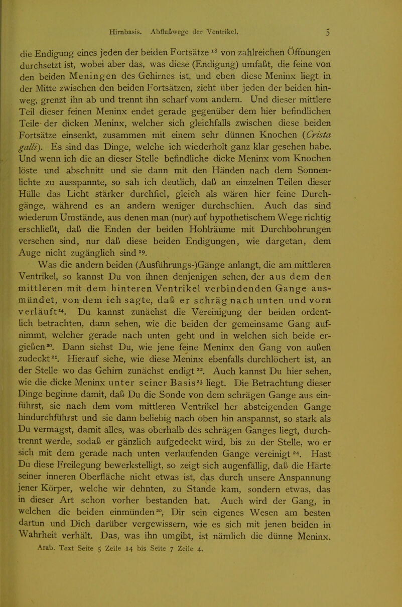 die Endigung eines jeden der beiden Fortsätze von zahlreichen Öffnungen durchsetzt ist, wobei aber das, was diese (Endigung) umfaßt, die feine von den beiden Meningen des Gehirnes ist, und eben diese Meninx liegt in der Mitte zwischen den beiden Fortsätzen, zieht über jeden der beiden hin- weg, grenzt ihn ab und trennt ihn scharf vom andern. Und dieser mittlere Teil dieser feinen Meninx endet gerade gegenüber dem hier befindlichen Teile- der dicken Meninx, welcher sich gleichfalls zwischen diese beiden Fortsätze einsenkt, zusammen mit einem sehr dünnen Knochen {Crista galli). Es sind das Dinge, welche ich wiederholt ganz klar gesehen habe. Und wenn ich die an dieser Stelle befindliche dicke Meninx vom Knochen löste und abschnitt und sie dann mit den Händen nach dem Sonnen- lichte zu ausspannte, so sah ich deutlich, daß an einzelnen Teilen dieser Hülle das Licht stärker durchfiel, gleich als wären hier feine Durch- gänge, während es an andern weniger durchschien. Auch das sind wiederum Umstände, aus denen man (nur) auf hypothetischem Wege richtig erschließt, daß die Enden der beiden Hohlräume mit Durchbohrungen versehen sind, nur daß diese beiden Endigungen, wie dargetan, dem Auge nicht zugänglich sind ''ö. Was die andern beiden (Ausführungs-)Gänge anlangt, die am mittleren Ventrikel, so kannst Du von ihnen denjenigen sehen, der aus dem den mittleren mit dem hinteren Ventrikel verbindenden Gange aus- mündet, von dem ich sagte, daß er schräg nach unten und vorn V erläuftDu kannst zunächst die Vereinigung der beiden ordent- lich betrachten, dann sehen, wie die beiden der gemeinsame Gang auf- nimmt, welcher gerade nach unten geht und in welchen sich beide er- gießenDann siehst Du, wie jene feine Meninx den Gang von außen zudeckt. Hierauf siehe, wie diese Meninx ebenfalls durchlöchert ist, an der Stelle wo das Gehirn zunächst endigt ^^ Auch kannst Du hier sehen, wie die dicke Meninx unter seiner Basis^3 liegt. Die Betrachtung dieser Dinge beginne damit, daß Du die Sonde von dem schrägen Gange aus ein- führst, sie nach dem vom mittleren Ventrikel her absteigenden Gange hindurchführst und sie dann beliebig nach oben hin anspannst, so stark als Du vermagst, damit alles, was oberhalb des schrägen Ganges liegt, durch- trennt werde, sodaß er gänzlich aufgedeckt wird, bis zu der Stelle, wo er sich mit dem gerade nach unten verlaufenden Gange vereinigt Hast Du diese Freilegung bewerkstelligt, so zeigt sich augenfällig, daß die Härte seiner inneren Oberfläche nicht etwas ist, das durch unsere Anspannung jener Körper, welche wir dehnten, zu Stande kam, sondern etwas, das in dieser Art schon vorher bestanden hat. Auch wird der Gang, in welchen die beiden einmünden Dir sein eigenes Wesen am besten dartun und Dich darüber vergewissern, wie es sich mit jenen beiden in Wahrheit verhält. Das, was ihn umgibt, ist nämlich die dünne Meninx.