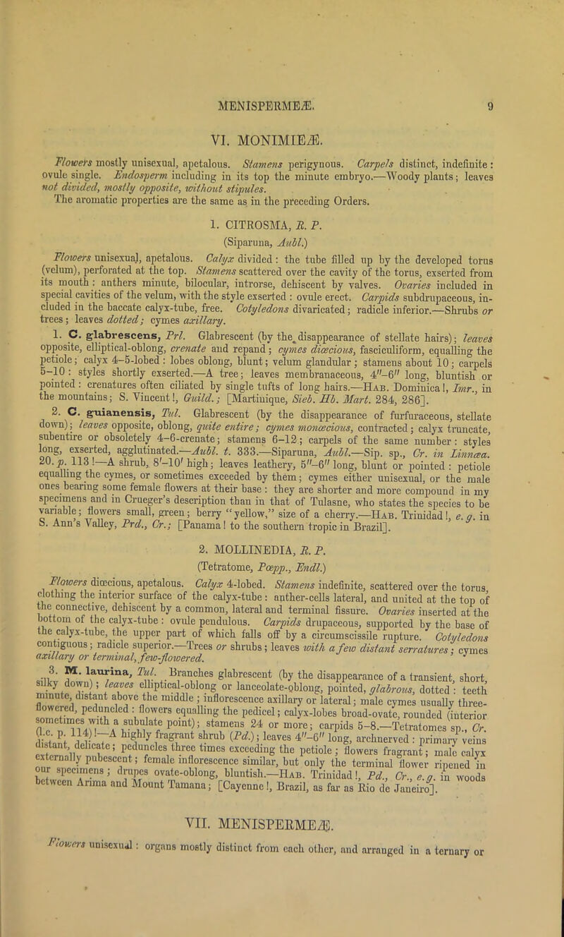 VI. MONIMIE/E. Flowers mostly unisexual, apetalous. Stamens perigynous. Carpels distinct, indefinite : ovule single. Endosperm including in its top the minute embryo.—Woody plants; leaves not divided, mostly opposite, without stipules. The aromatic properties are the same as in the preceding Orders. 1. CITROSMA, B. P. (Siparuna, Aubl.) Floioers unisexual, apetalous. Calyx divided : the tube filled up by the developed torus (velum), perforated at the top. Stamens scattered over the cavity of the torus, exserted from its mouth : anthers minute, bilocular, introrse, dehiscent by valves. Ovaries included in special cavities of the velum, with the style exserted : ovule erect. Carpids subdrupaceous, in- cluded in the baccate calyx-tube, free. Cotyledons divaricated; radicle inferior.—-Shrubs or trees; leaves dotted; cymes axillary. 1. C. glabrescens, Prl. Glabrescent (by the^disappearance of stellate hairs); leaves opposite, elliptical-oblong, crenate and repand; cymes dioecious, fasciculiform, equalling the petiole; calyx 4-5-lobed : lobes oblong, blunt; velum glandular; stamens about 10; carpels 5-10: styles shortly exserted.—A tree; leaves membranaceous, 4-6 long, bluntish or pointed: crenatures often ciliated by single tufts of long hairs.—Hab. Dominica!, Imr., in the mountains; S. Vincent!, Guild.; [Martinique, Sieb. Hb. Mart. 284, 286], 2. C. guianensis, Tut. Glabrescent (by the disappearance of furfuraceous, stellate down); leaves opposite, oblong, quite entire; cymes monoecious, contracted; calyx truncate subentire or obsoletely 4-6-crenate; stamens 6-12; carpels of the same number: styles long, exserted, agglutinated.—Aubl. t. 333.—Siparuna, Aubl.—Sip. sp, Cr. in linnaa. 20.y> 113!—A shrub, 8'-10'_high; leaves leathery, 5-6 long, blunt or pointed : petiole equalling the cymes, or sometimes exceeded by them; cymes either unisexual, or the male ones bearing some female flowers at their base : they are shorter and more compound in my specimens and in Crueger’s description than in that of Tulasne, who states the species to be variable; flowers small, green; berry “yellow,” size of a cherry.—Hab. Trinidad!, e. q. in S. Ann s Valley, Prd., Cr.; [Panama! to the southern tropic in Brazil]. 2. MOLLINEDIA, B. P. (Tetratome, Poepp., Endl.) Flowers dioecious, apetalous. Calyx 4-lobed. Stamens indefinite, scattered over the torus clothing the interior surface of the calyx-tube: anther-cells lateral, and united at the top of the connective, dehiscent by a common, lateral and terminal fissure. Ovaries inserted at the bottom of the calyx-tube : ovule pendulous. Carpids drupaceous, supported by the base of tne calyx-tube, the upper part of which falls off by a circumscissile rupture. Cotyledons contiguous; radicle superior.—Trees or shrubs; leaves with a few distant serratures: cymes axillary or terminal, few-flowered. : •3 lan”na> Branches glabrescent (by the disappearance of a transient, short, •nnin Kct; [ea?es elhptical-oblong or lanceolate-oblong, pointed, glabrous, dotted : teeth minute distant above the middle ; inflorescence axillary or lateral; male cymes usually tliree- flowered, pedunclcd : flowers equalling the pedicel; calyx-lobes broad-ovate, rounded (interior sometimes wth a subulate point); stamens 24 or more; carpids 5-8.—Tetratomes sp., Cr. Jac/P; 7A hlg1hly ,fra7ant shrub (<Pd:> ’leaves 4-G long, archuervcd : primary veins a ,1dcllCfc; Peduncles three times exceeding the petiole; flowers fragrant; male calyx externally pubescent; female inflorescence similar, but only the terminal flower ripened hi our specimens; drupes ovate-oblong, bluntish.—Hab. Trinidad!, Pd., Cr., e.g. in woods ctvveen Anma and Mount Tamana; [Cayenne!, Brazil, as far as Rio de Janeiro]. VII. MENISPERME/E. Flowers unisexual: organs mostly distinct from each other, and arranged in a ternary or